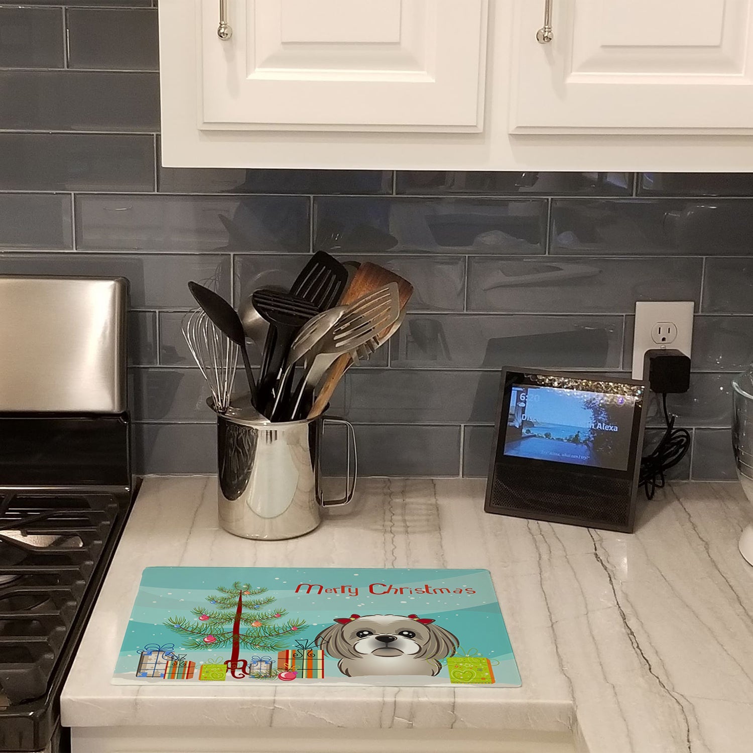 Christmas Tree and Gray Silver Shih Tzu Cutting Board Tempered Glass Kitchen Cutting Surface, Heat Resistant Chopping, Non-Slip Feet, Food Prep & Serving