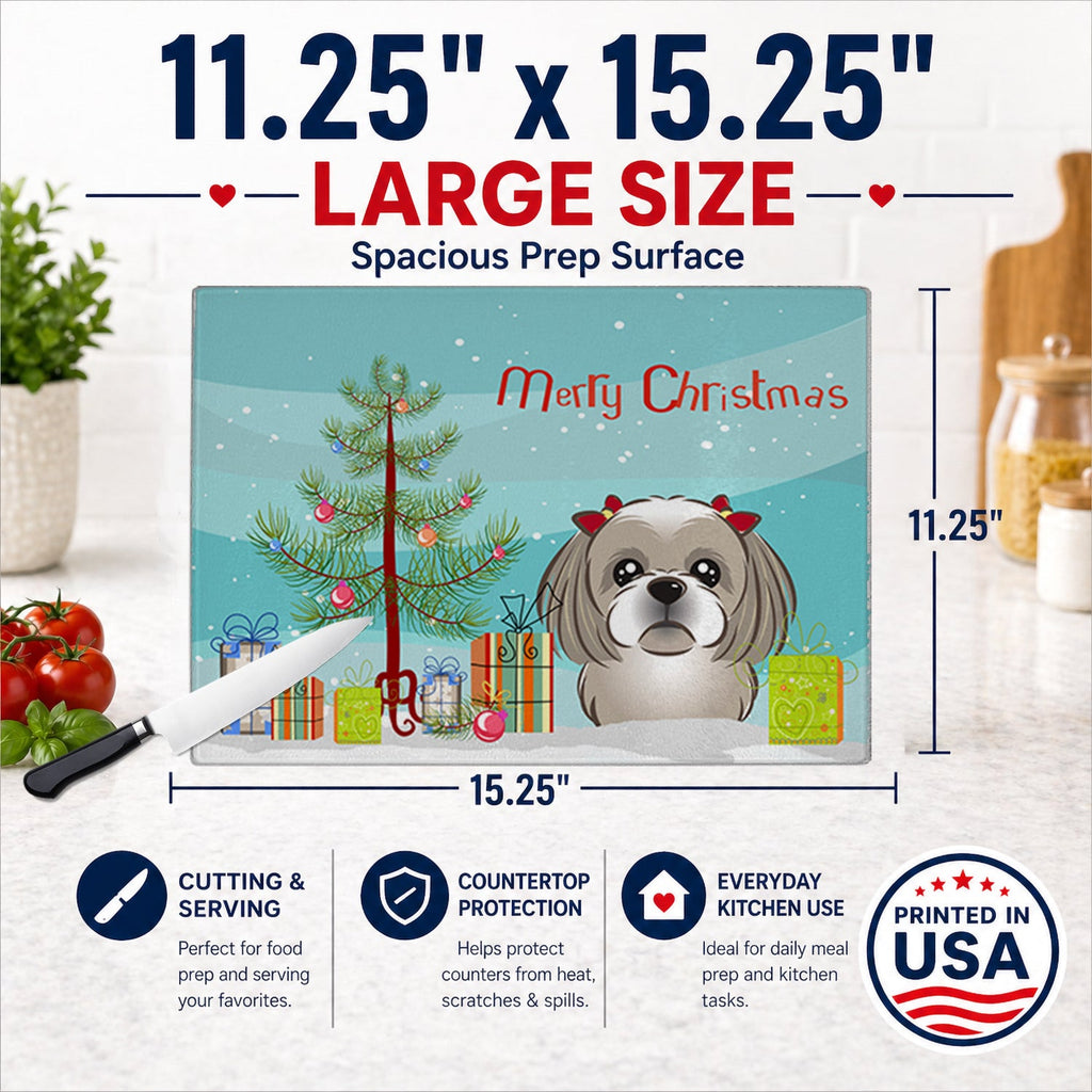 Christmas Tree and Gray Silver Shih Tzu Cutting Board Tempered Glass Kitchen Cutting Surface, Heat Resistant Chopping, Non-Slip Feet, Food Prep & Serving