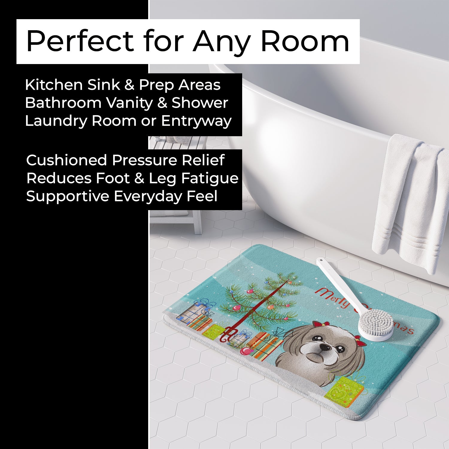 Christmas Tree and Gray Silver Shih Tzu Memory Foam Kitchen Mat Machine Washable Anti-Fatigue Cushion Comfort Bath or Kitchen Rug