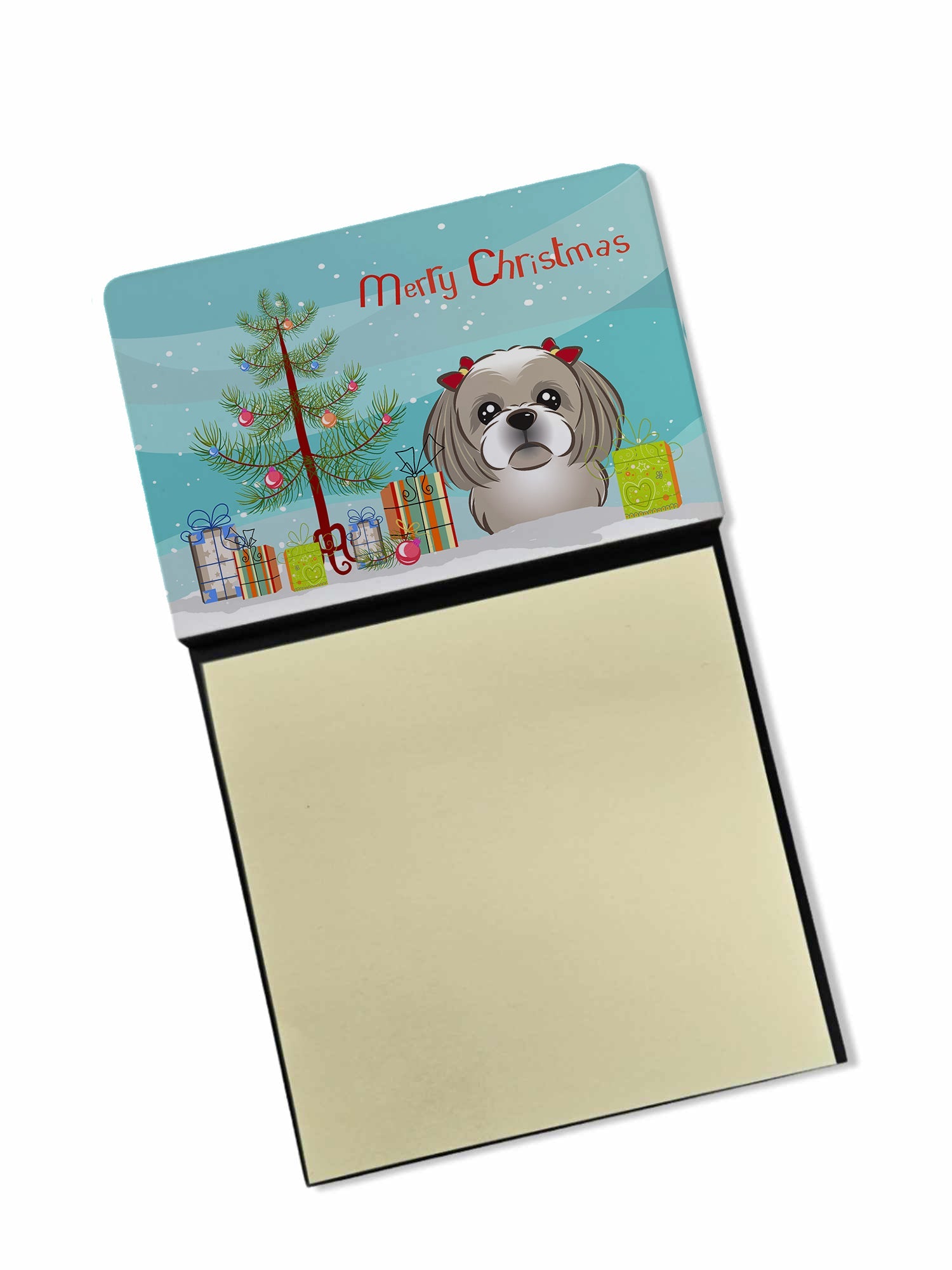 Christmas Tree and Gray Silver Shih Tzu Watercolor Sticky Note Holder Refillable Dispenser Desk Accessory 3x3 Pad Gift
