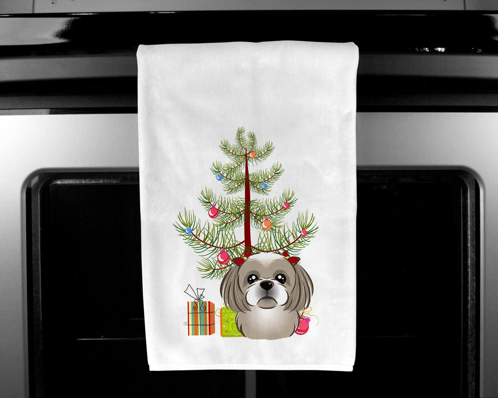 Christmas Tree and Gray Silver Shih Tzu Kitchen Towel Set of 2 White Dish Towels Decorative Bathroom Hand towel for Hand, Face, Hair, Yoga, Tea, Dishcloth, 19 X 28", White