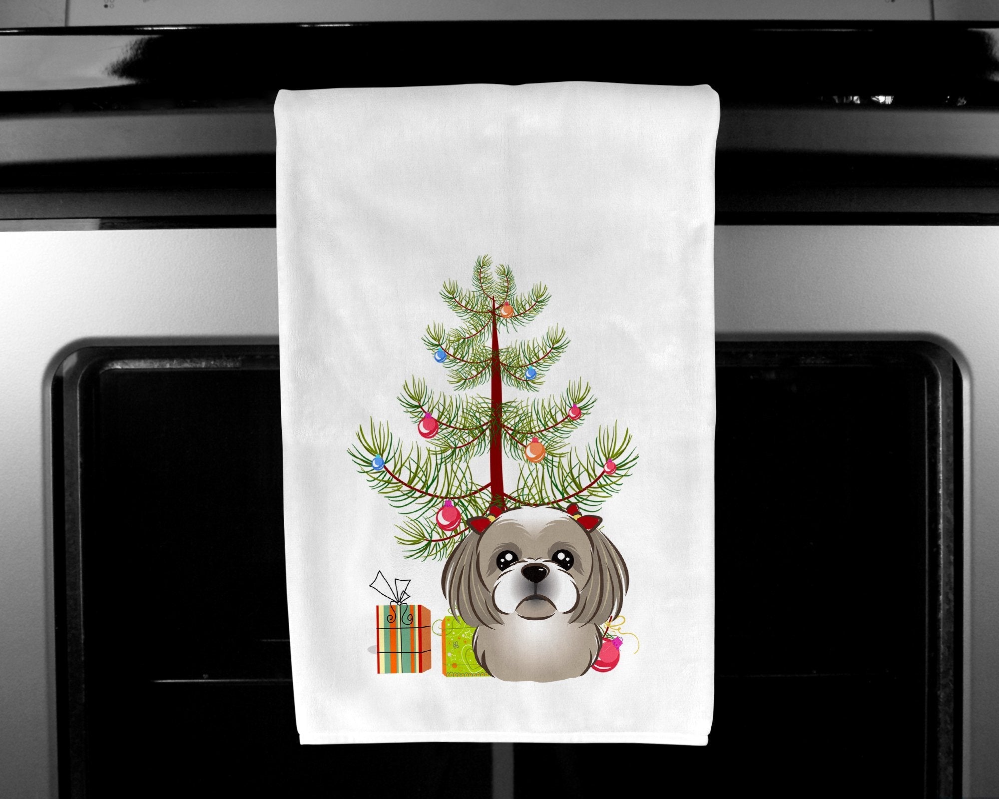 Christmas Tree and Gray Silver Shih Tzu Kitchen Towel Set of 2 White Dish Towels Decorative Bathroom Hand towel for Hand, Face, Hair, Yoga, Tea, Dishcloth, 19 X 28", White