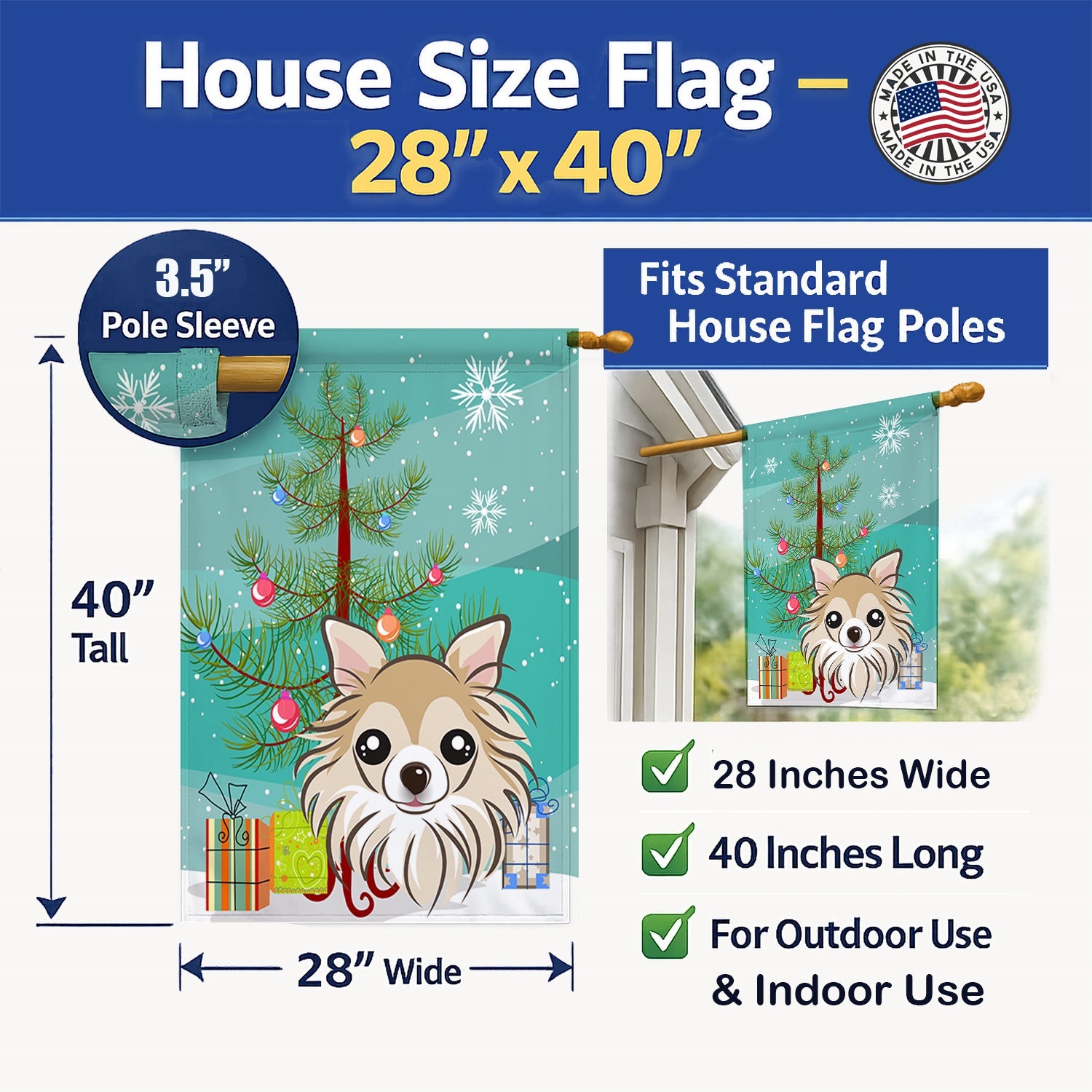 Christmas Tree and Chihuahua House Flag 28x40 Porch Sleeve Pole Decorative Outside Yard Banner Artwork Wall Hanging, Polyester