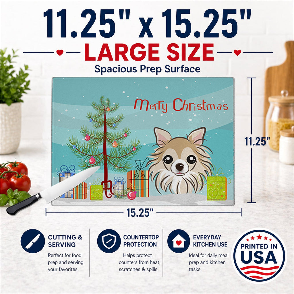 Christmas Tree and Chihuahua Cutting Board Tempered Glass Kitchen Cutting Surface, Heat Resistant Chopping, Non-Slip Feet, Food Prep & Serving