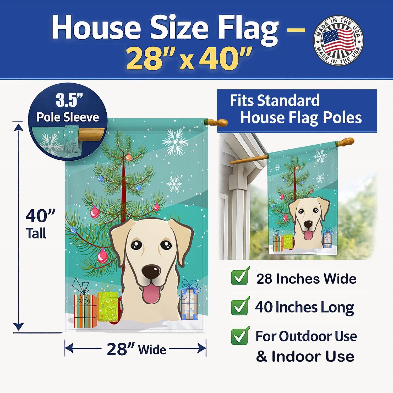 Christmas Tree and Golden Retriever House Flag 28x40 Porch Sleeve Pole Decorative Outside Yard Banner Artwork Wall Hanging, Polyester