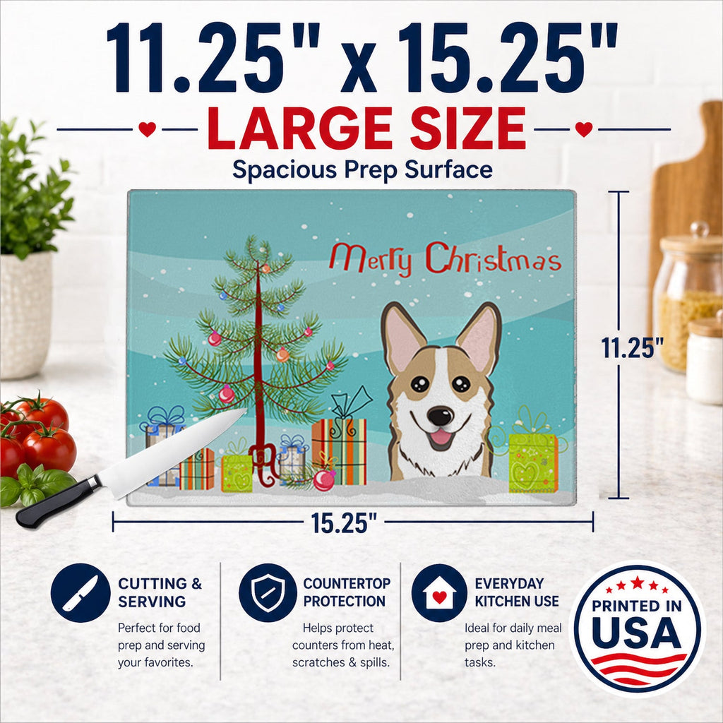 Christmas Tree and Sable Corgi Cutting Board Tempered Glass Kitchen Cutting Surface, Heat Resistant Chopping, Non-Slip Feet, Food Prep & Serving