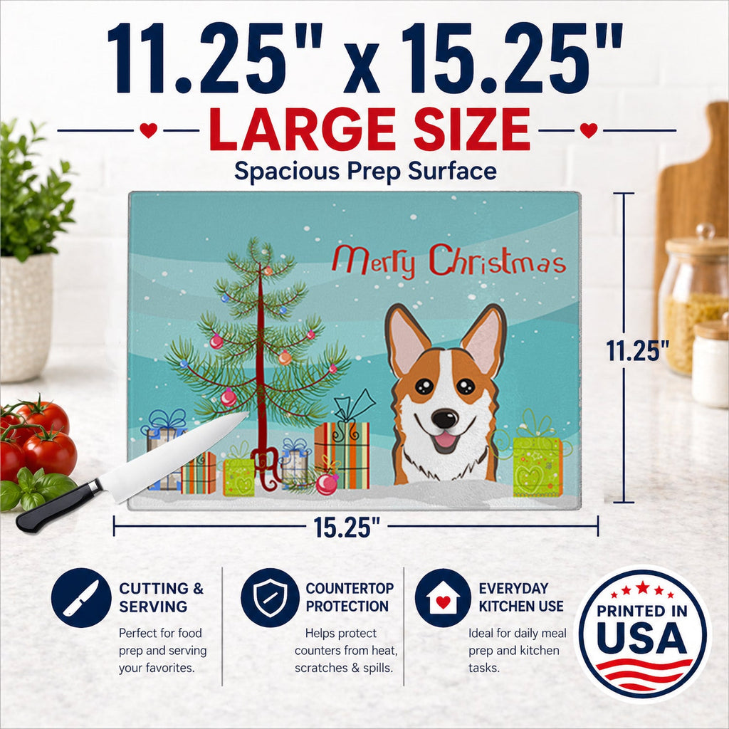 Christmas Tree and Red Corgi Cutting Board Tempered Glass Kitchen Cutting Surface, Heat Resistant Chopping, Non-Slip Feet, Food Prep & Serving