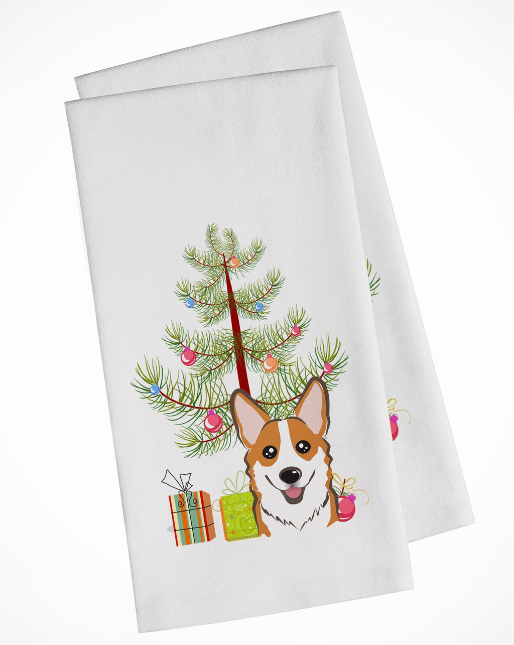 Christmas Tree and Red Corgi Kitchen Towel Set of 2 White Dish Towels Decorative Bathroom Hand towel for Hand, Face, Hair, Yoga, Tea, Dishcloth, 19 X 28", White