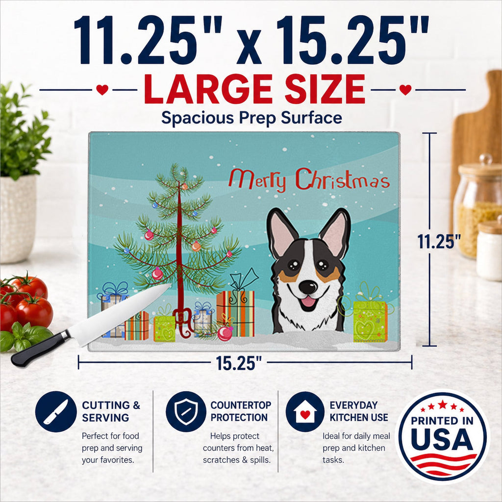 Christmas Tree and Tricolor Corgi Cutting Board Tempered Glass Kitchen Cutting Surface, Heat Resistant Chopping, Non-Slip Feet, Food Prep & Serving