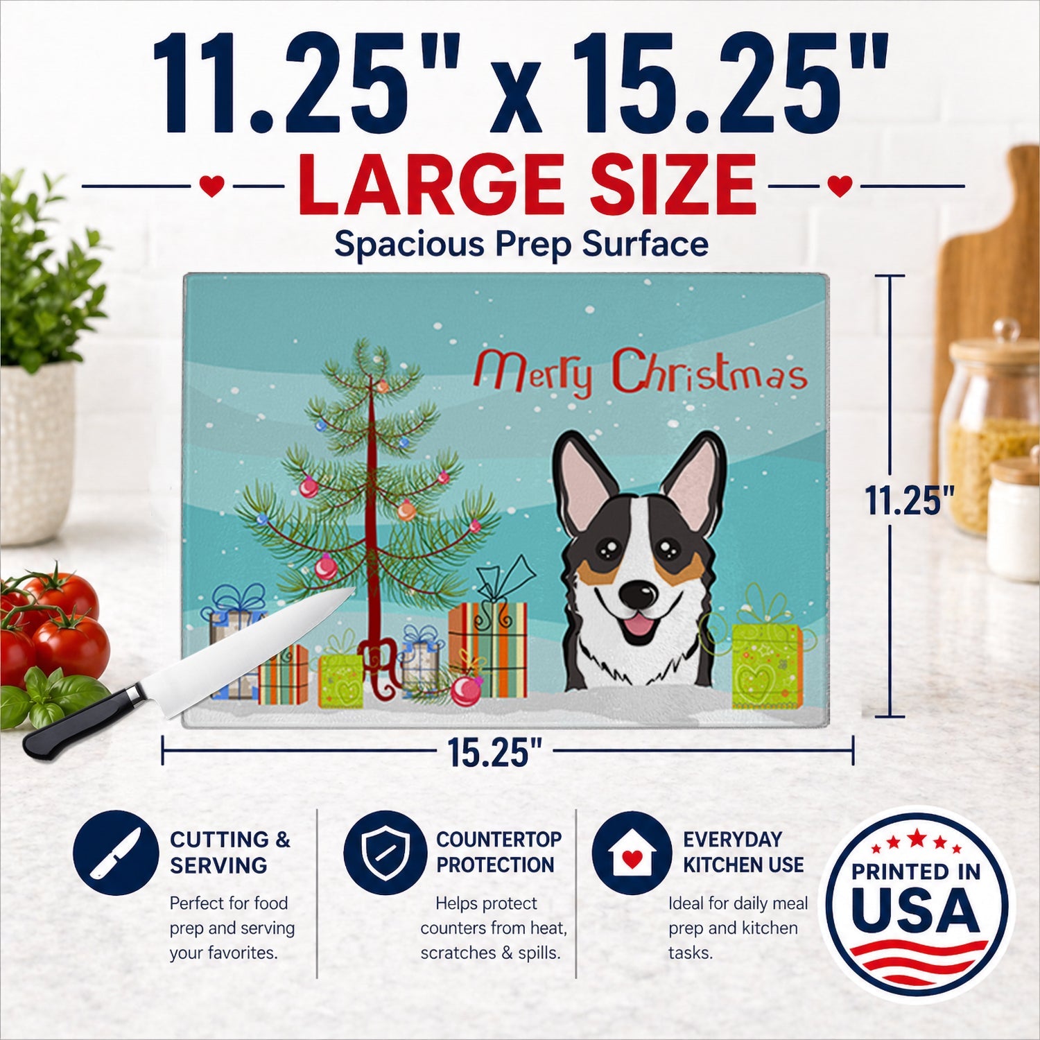Christmas Tree and Tricolor Corgi Cutting Board Tempered Glass Kitchen Cutting Surface, Heat Resistant Chopping, Non-Slip Feet, Food Prep & Serving