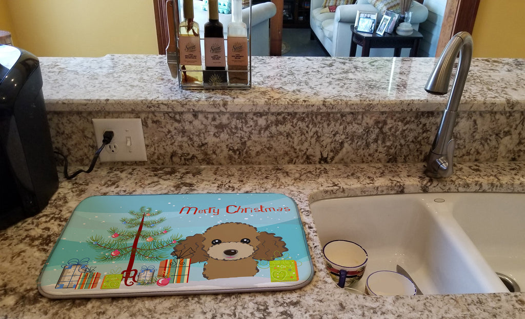 Christmas Tree and Chocolate Brown Poodle Dish Drying Mat Absorbent Dish Drying Mat Pad for Kitchen Counter Dish Drainer Mat for Countertop, 14 x 21", Multicolor