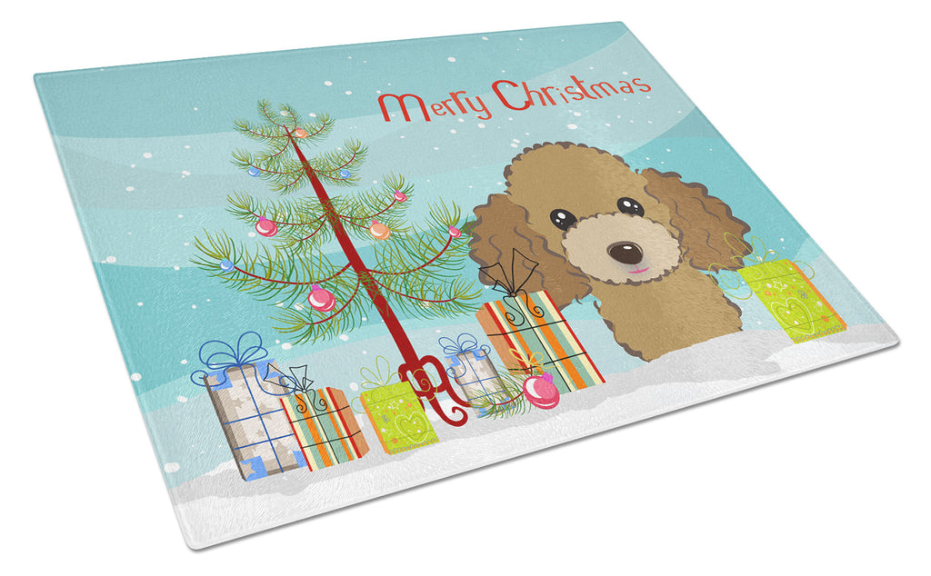 Christmas Tree and Chocolate Brown Poodle Cutting Board Tempered Glass Kitchen Cutting Surface, Heat Resistant Chopping, Non-Slip Feet, Food Prep & Serving