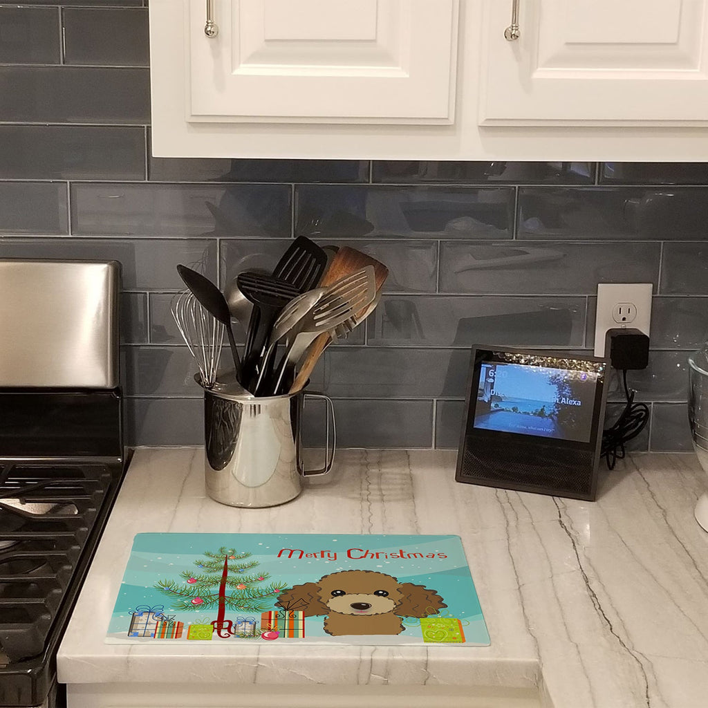 Christmas Tree and Chocolate Brown Poodle Cutting Board Tempered Glass Kitchen Cutting Surface, Heat Resistant Chopping, Non-Slip Feet, Food Prep & Serving