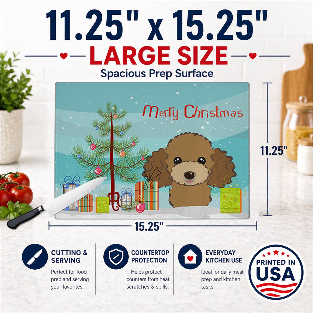 Christmas Tree and Chocolate Brown Poodle Cutting Board Tempered Glass Kitchen Cutting Surface, Heat Resistant Chopping, Non-Slip Feet, Food Prep & Serving