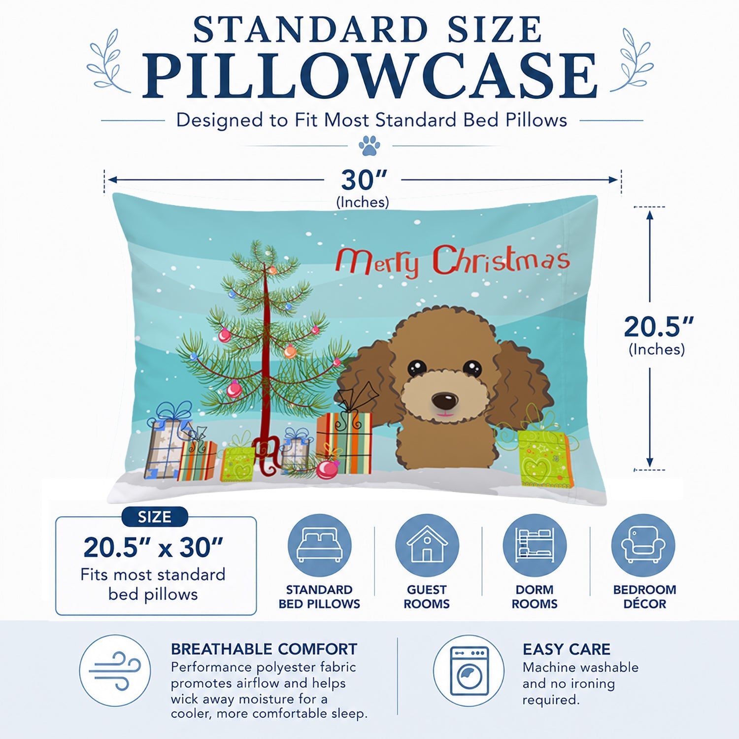 Christmas Tree and Chocolate Brown Poodle Standard Pillowcase Lightweight Super Soft Easy Care Decorative Artwork Pillowcase, Standard