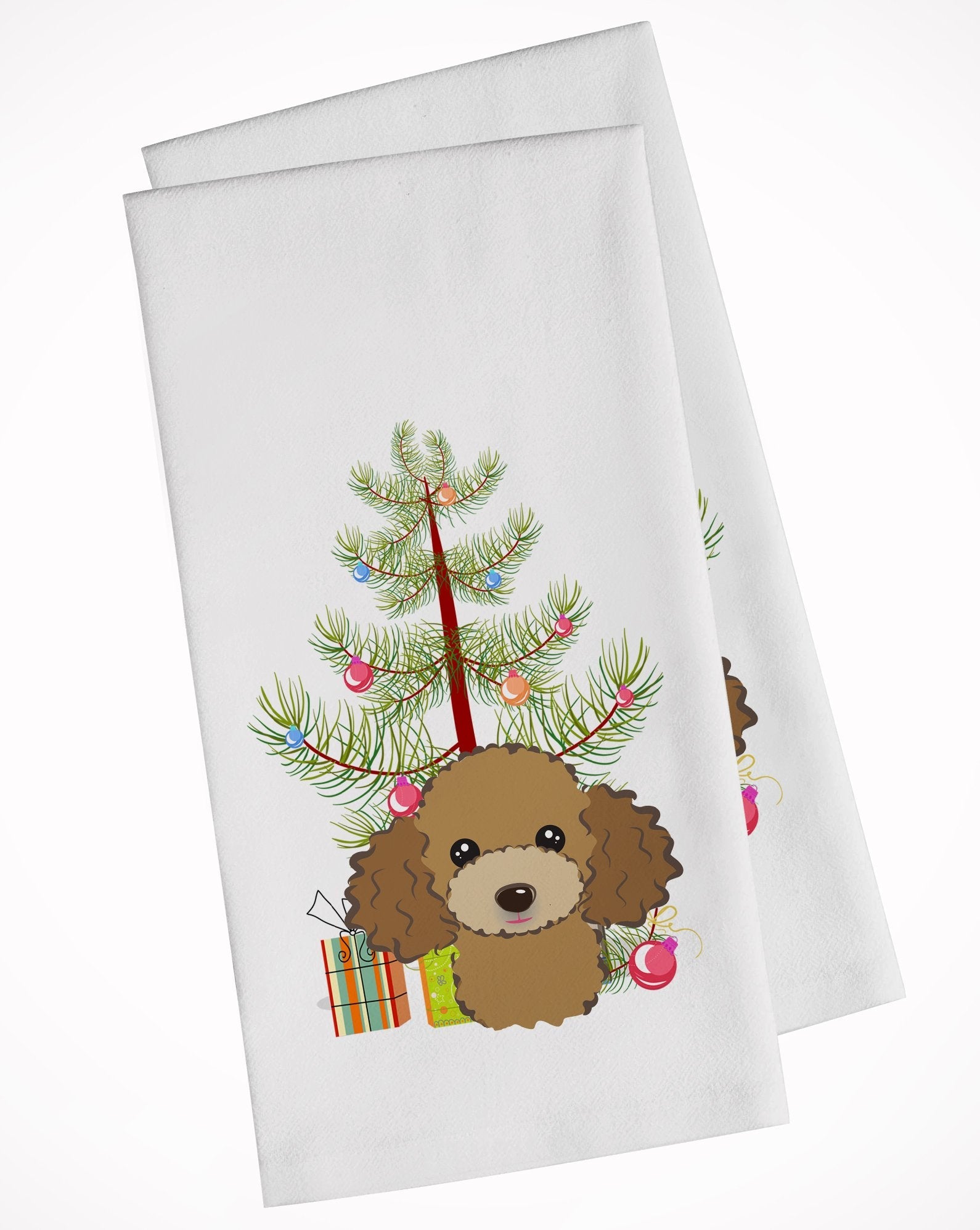 Christmas Tree and Chocolate Brown Poodle Kitchen Towel Set of 2 White Dish Towels Decorative Bathroom Hand towel for Hand, Face, Hair, Yoga, Tea, Dishcloth, 19 X 28", White