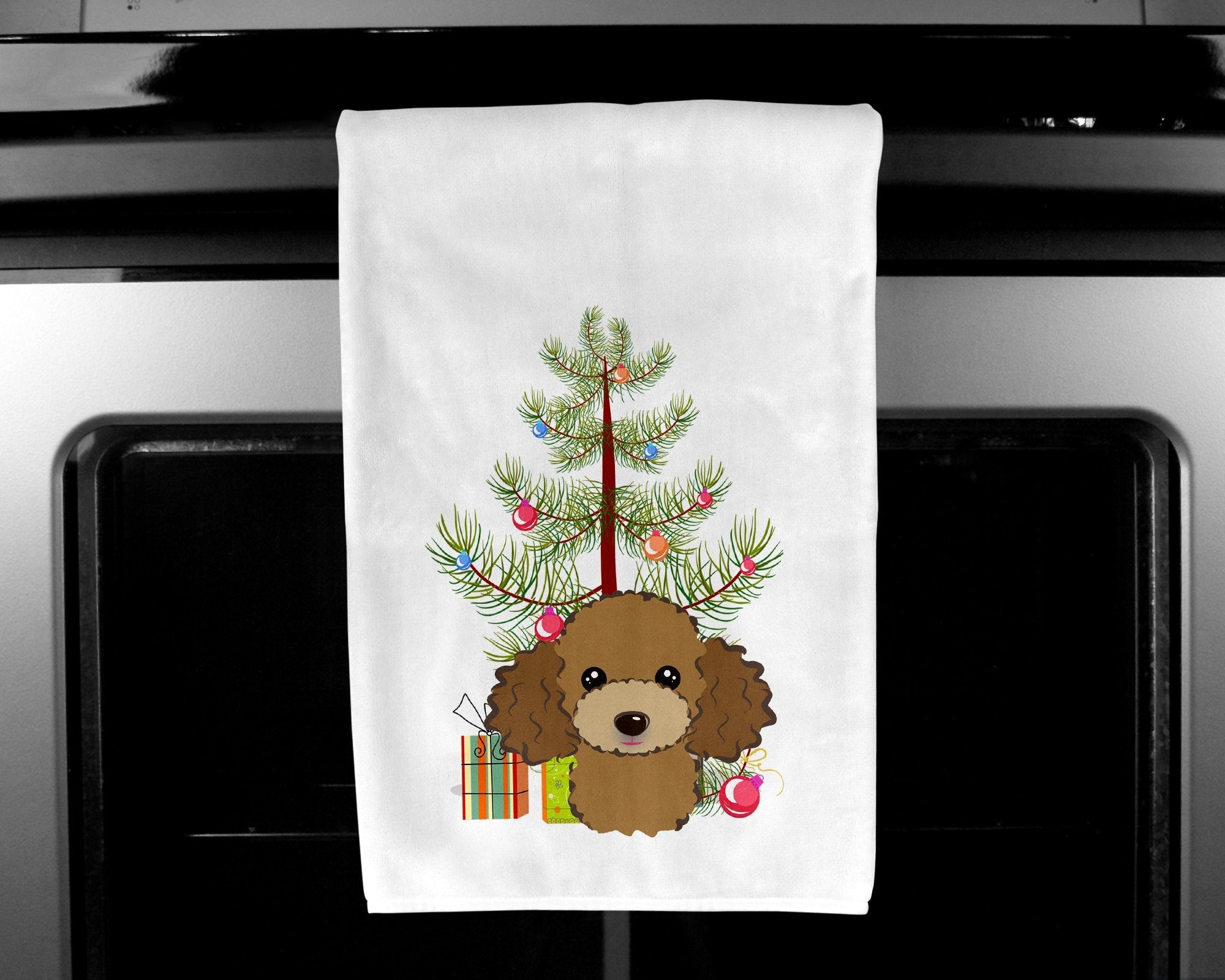 Christmas Tree and Chocolate Brown Poodle Kitchen Towel Set of 2 White Dish Towels Decorative Bathroom Hand towel for Hand, Face, Hair, Yoga, Tea, Dishcloth, 19 X 28", White