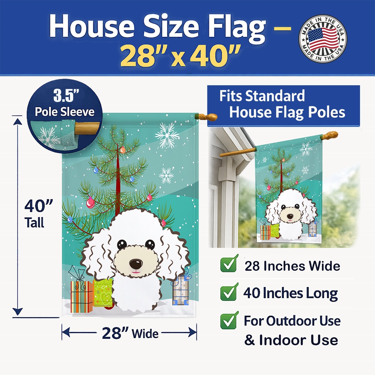 Christmas Tree and White Poodle House Flag 28x40 Porch Sleeve Pole Decorative Outside Yard Banner Artwork Wall Hanging, Polyester