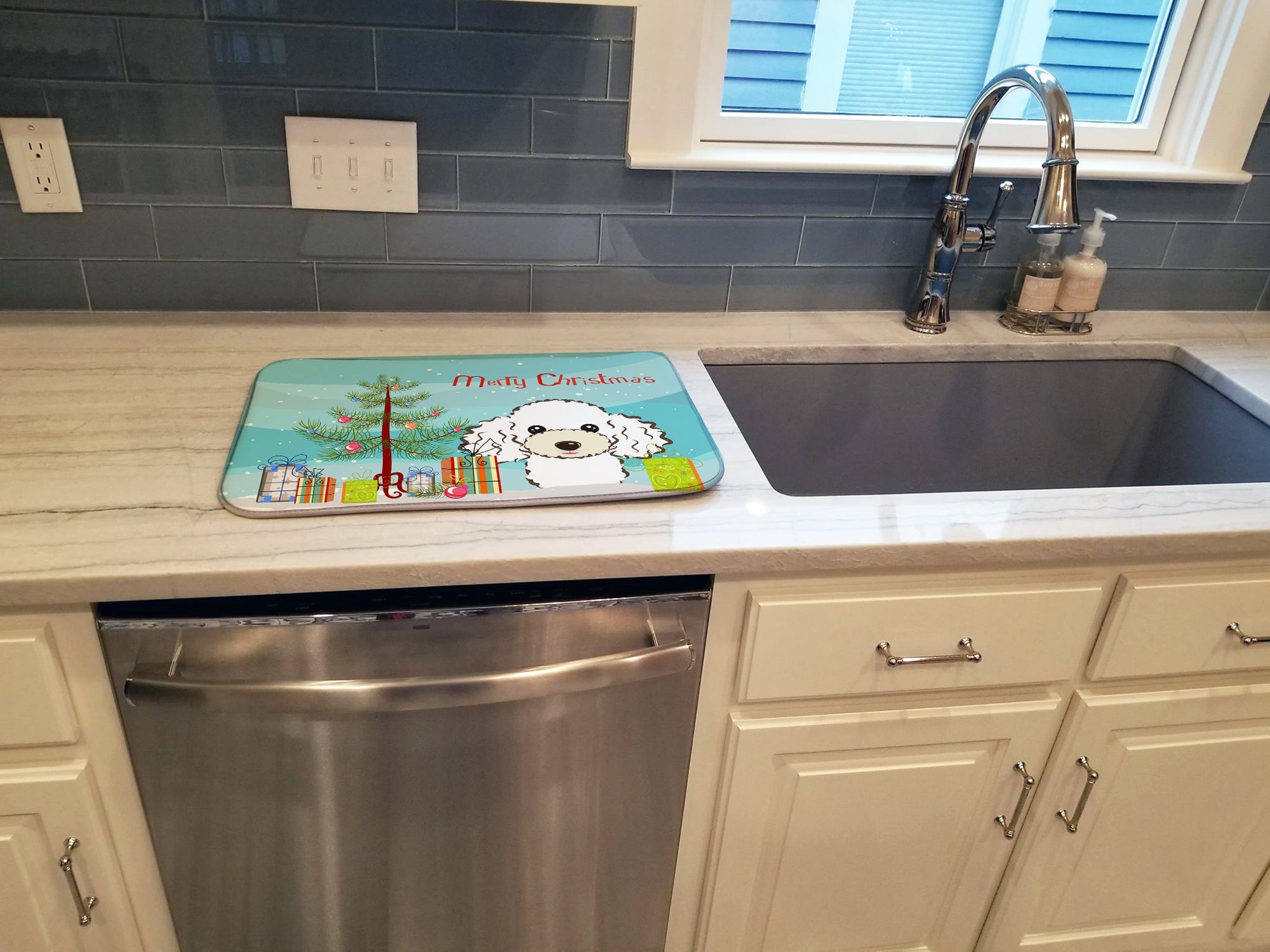 Christmas Tree and White Poodle Dish Drying Mat Absorbent Dish Drying Mat Pad for Kitchen Counter Dish Drainer Mat for Countertop, 14 x 21", Multicolor