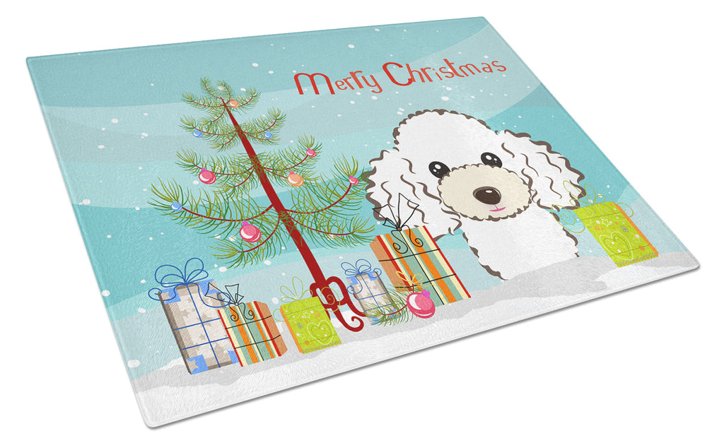 Christmas Tree and White Poodle Cutting Board Tempered Glass Kitchen Cutting Surface, Heat Resistant Chopping, Non-Slip Feet, Food Prep & Serving
