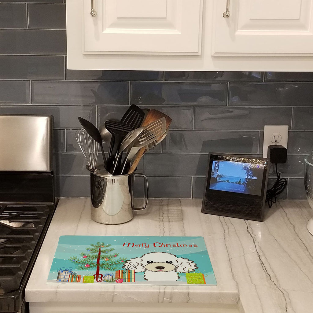 Christmas Tree and White Poodle Cutting Board Tempered Glass Kitchen Cutting Surface, Heat Resistant Chopping, Non-Slip Feet, Food Prep & Serving