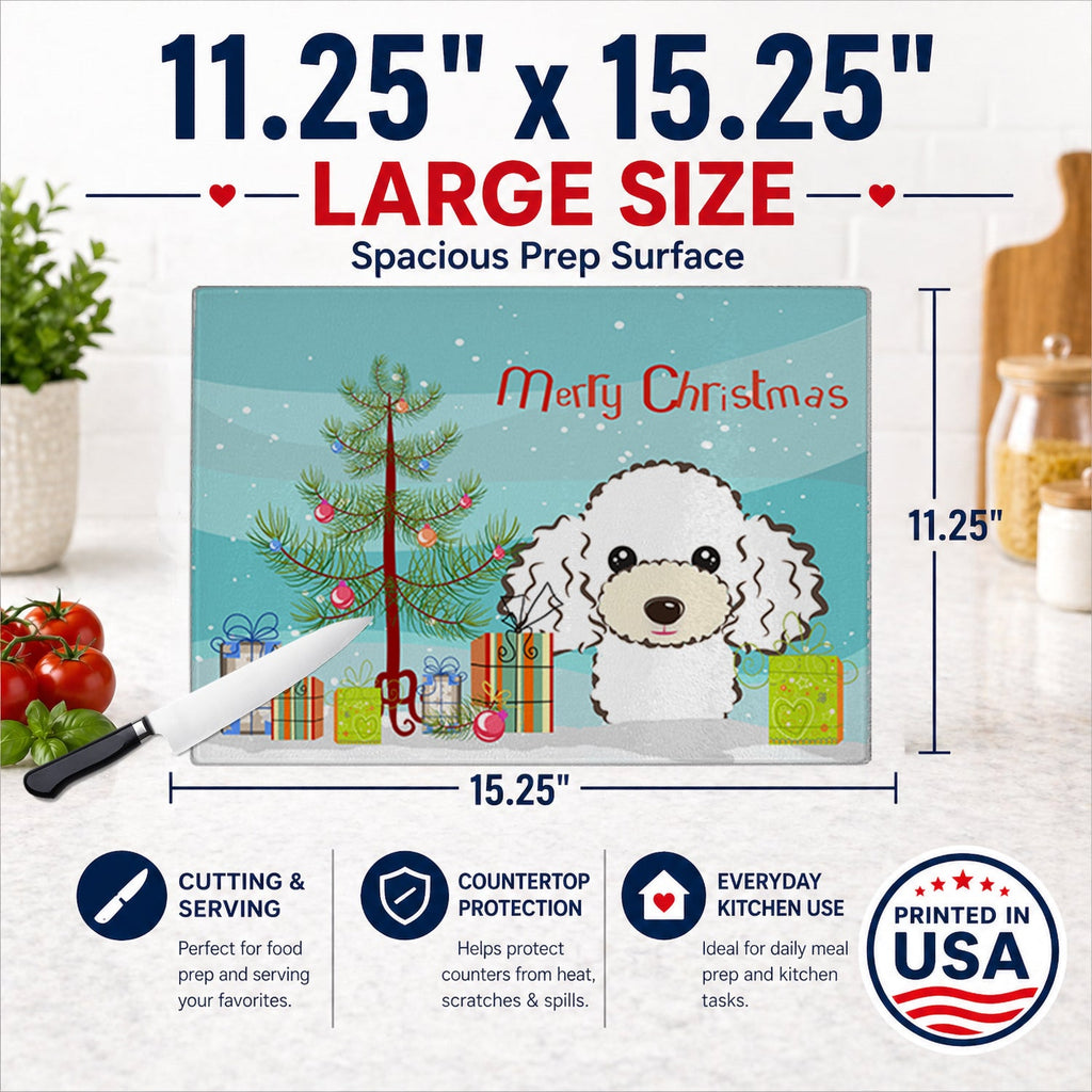 Christmas Tree and White Poodle Cutting Board Tempered Glass Kitchen Cutting Surface, Heat Resistant Chopping, Non-Slip Feet, Food Prep & Serving