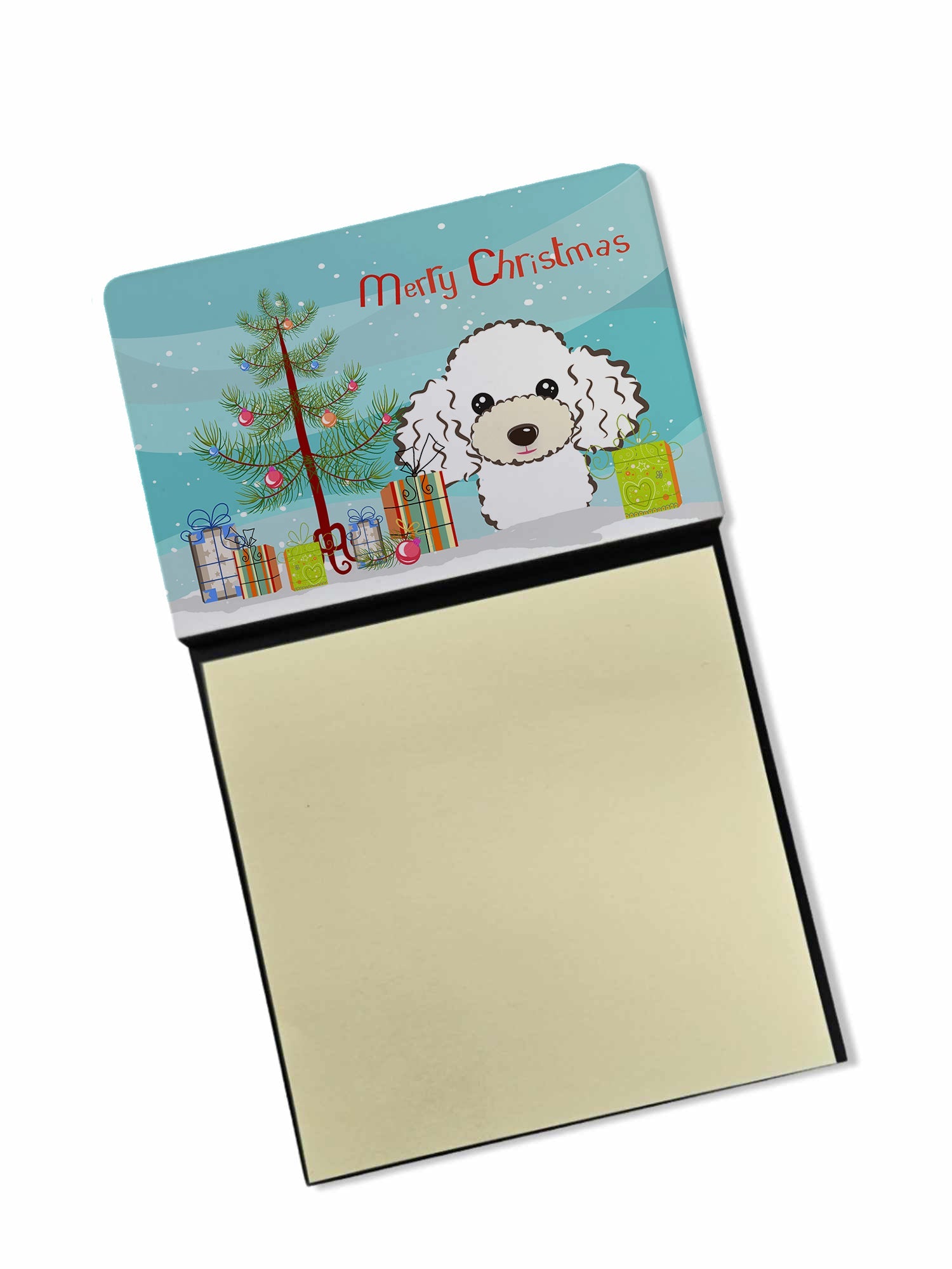 Christmas Tree and White Poodle Watercolor Sticky Note Holder Refillable Dispenser Desk Accessory 3x3 Pad Gift