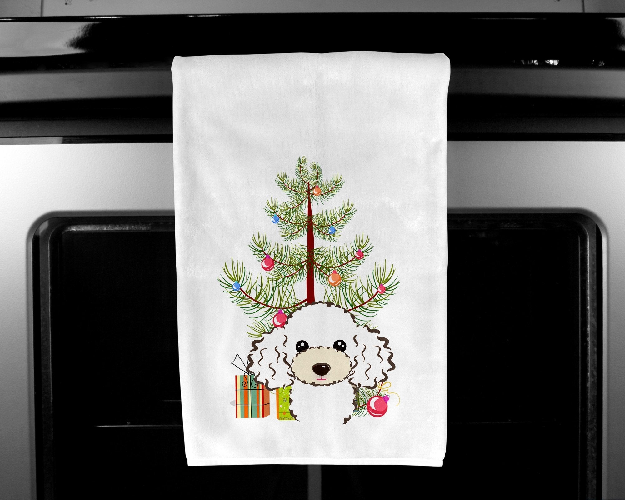 Christmas Tree and White Poodle Kitchen Towel Set of 2 White Dish Towels Decorative Bathroom Hand towel for Hand, Face, Hair, Yoga, Tea, Dishcloth, 19 X 28", White