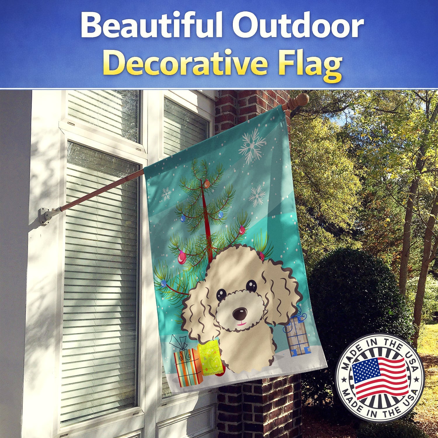Christmas Tree and Buff Poodle House Flag 28x40 Porch Sleeve Pole Decorative Outside Yard Banner Artwork Wall Hanging, Polyester