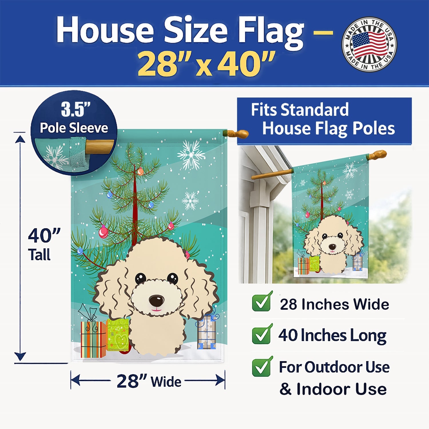 Christmas Tree and Buff Poodle House Flag 28x40 Porch Sleeve Pole Decorative Outside Yard Banner Artwork Wall Hanging, Polyester