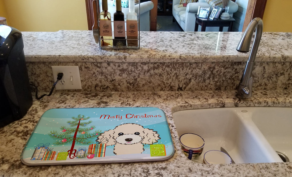 Christmas Tree and Buff Poodle Dish Drying Mat Absorbent Dish Drying Mat Pad for Kitchen Counter Dish Drainer Mat for Countertop, 14 x 21", Multicolor