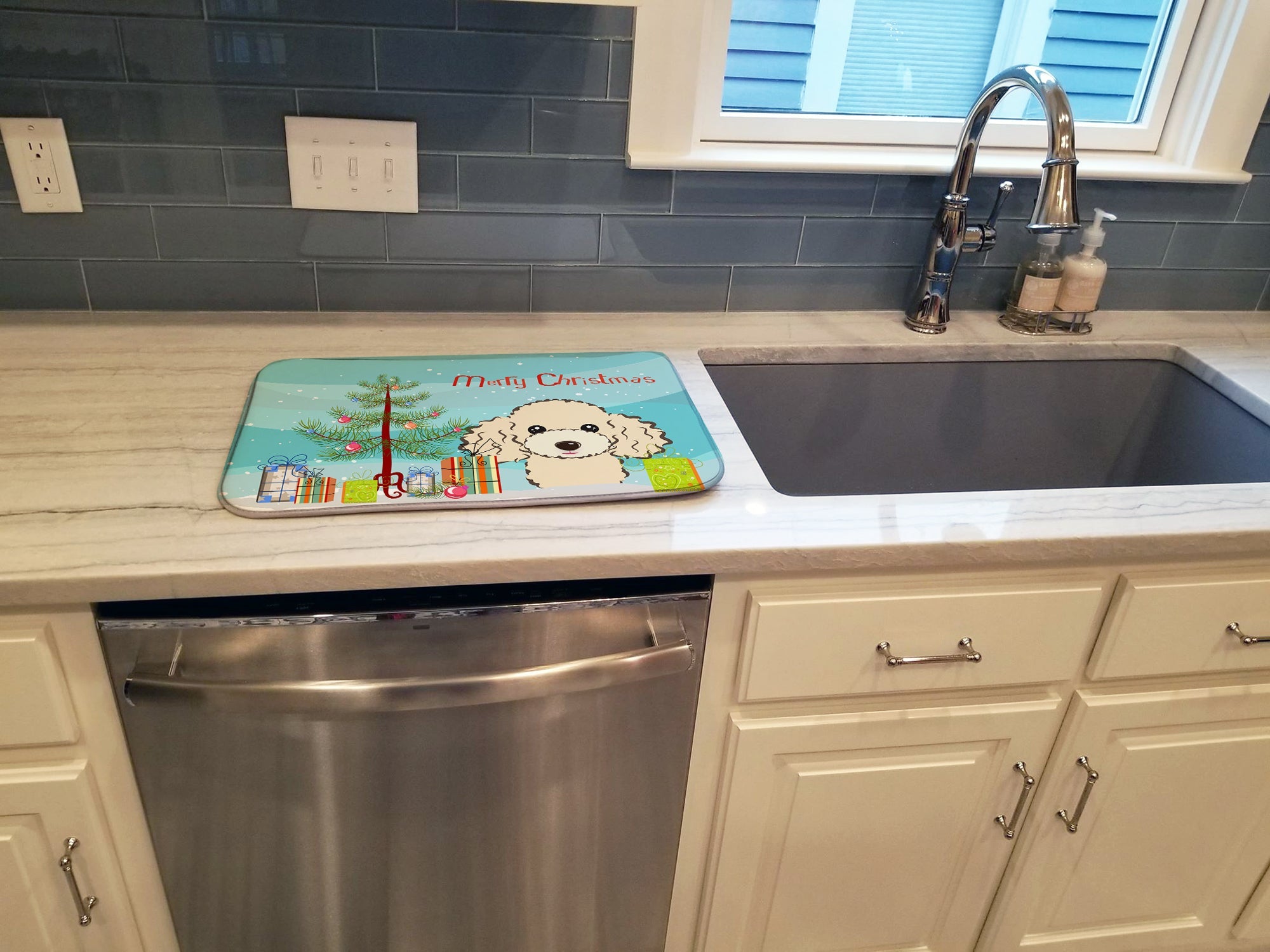 Christmas Tree and Buff Poodle Dish Drying Mat Absorbent Dish Drying Mat Pad for Kitchen Counter Dish Drainer Mat for Countertop, 14 x 21", Multicolor