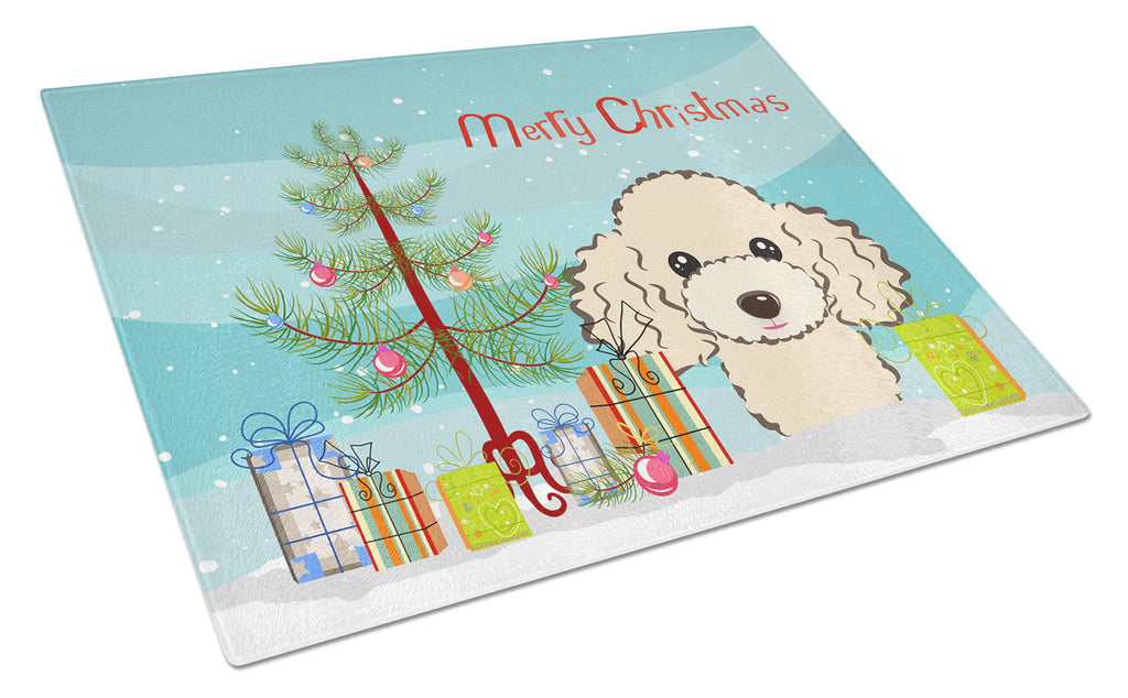 Christmas Tree and Buff Poodle Cutting Board Tempered Glass Kitchen Cutting Surface, Heat Resistant Chopping, Non-Slip Feet, Food Prep & Serving