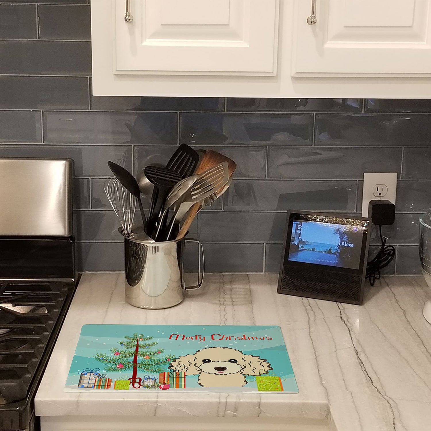 Christmas Tree and Buff Poodle Cutting Board Tempered Glass Kitchen Cutting Surface, Heat Resistant Chopping, Non-Slip Feet, Food Prep & Serving