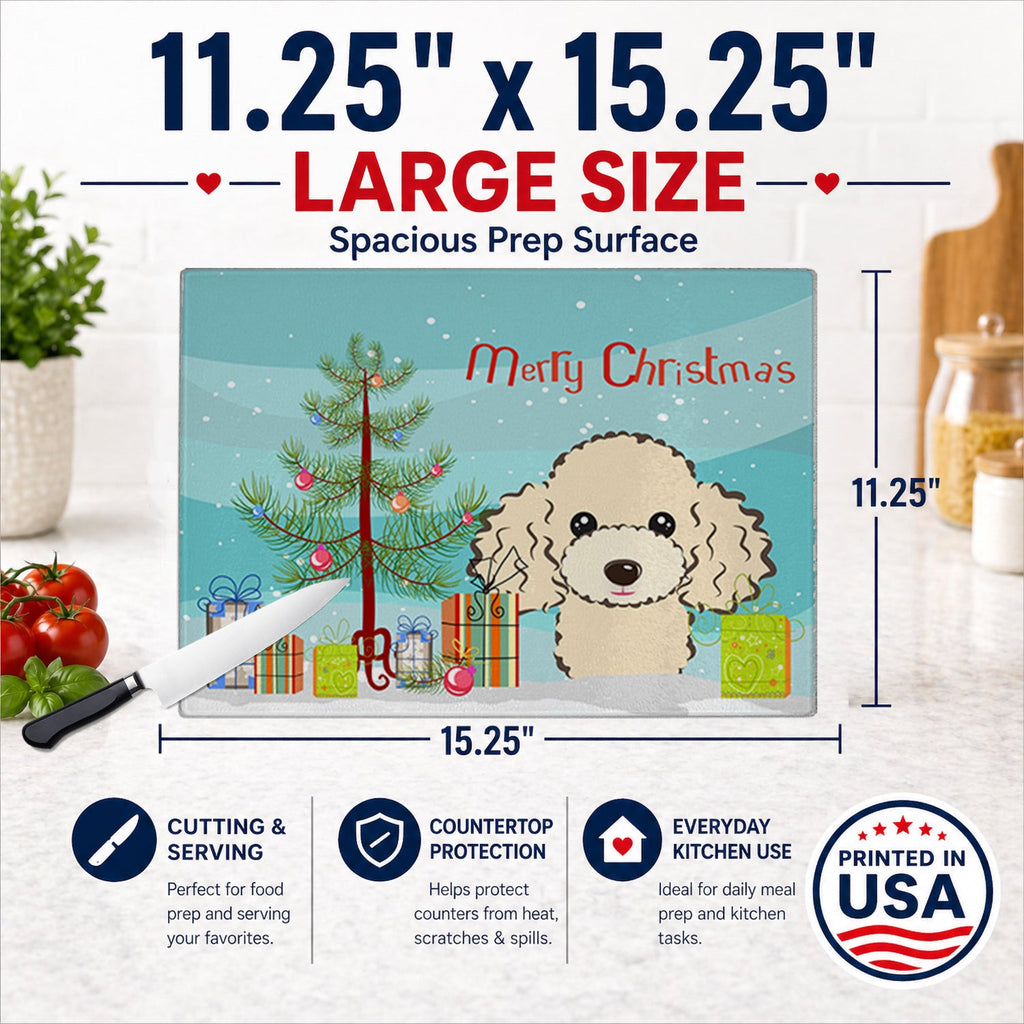 Christmas Tree and Buff Poodle Cutting Board Tempered Glass Kitchen Cutting Surface, Heat Resistant Chopping, Non-Slip Feet, Food Prep & Serving