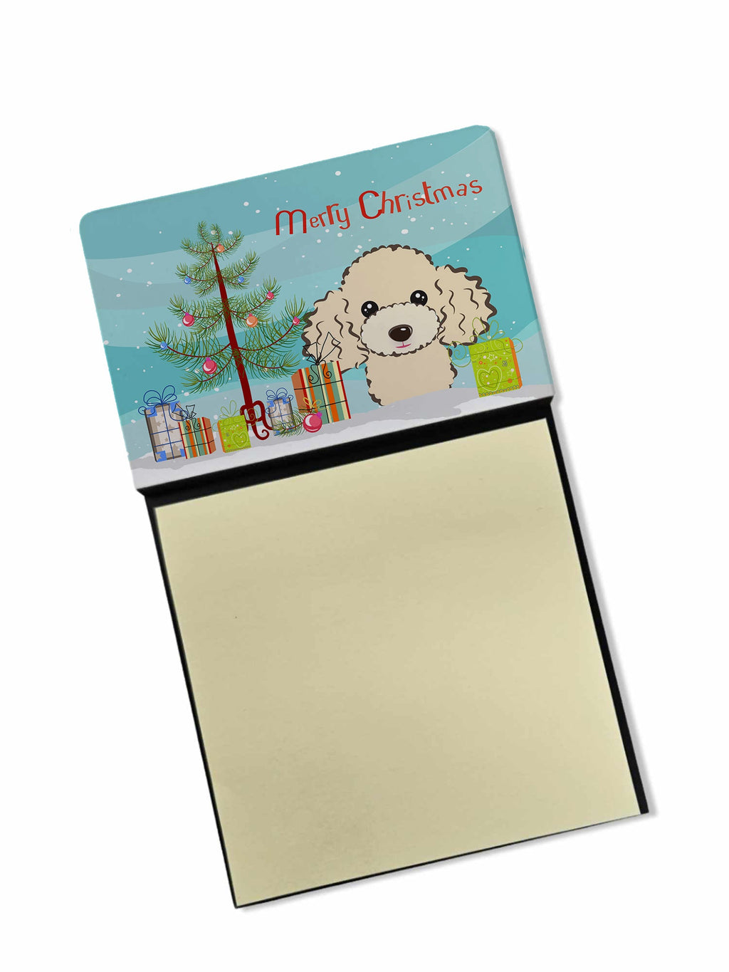 Christmas Tree and Buff Poodle Watercolor Sticky Note Holder Refillable Dispenser Desk Accessory 3x3 Pad Gift