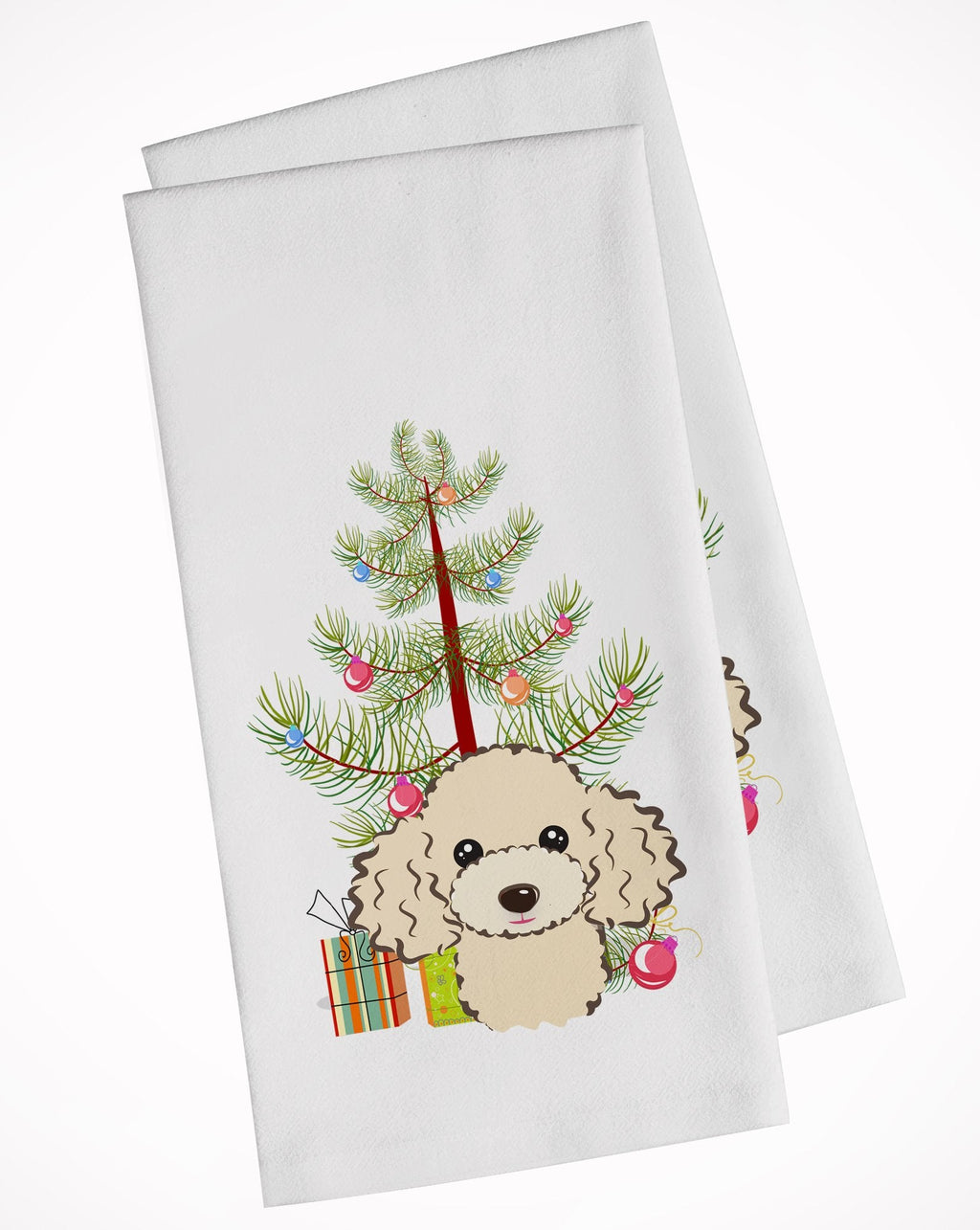 Christmas Tree and Buff Poodle Kitchen Towel Set of 2 White Dish Towels Decorative Bathroom Hand towel for Hand, Face, Hair, Yoga, Tea, Dishcloth, 19 X 28", White