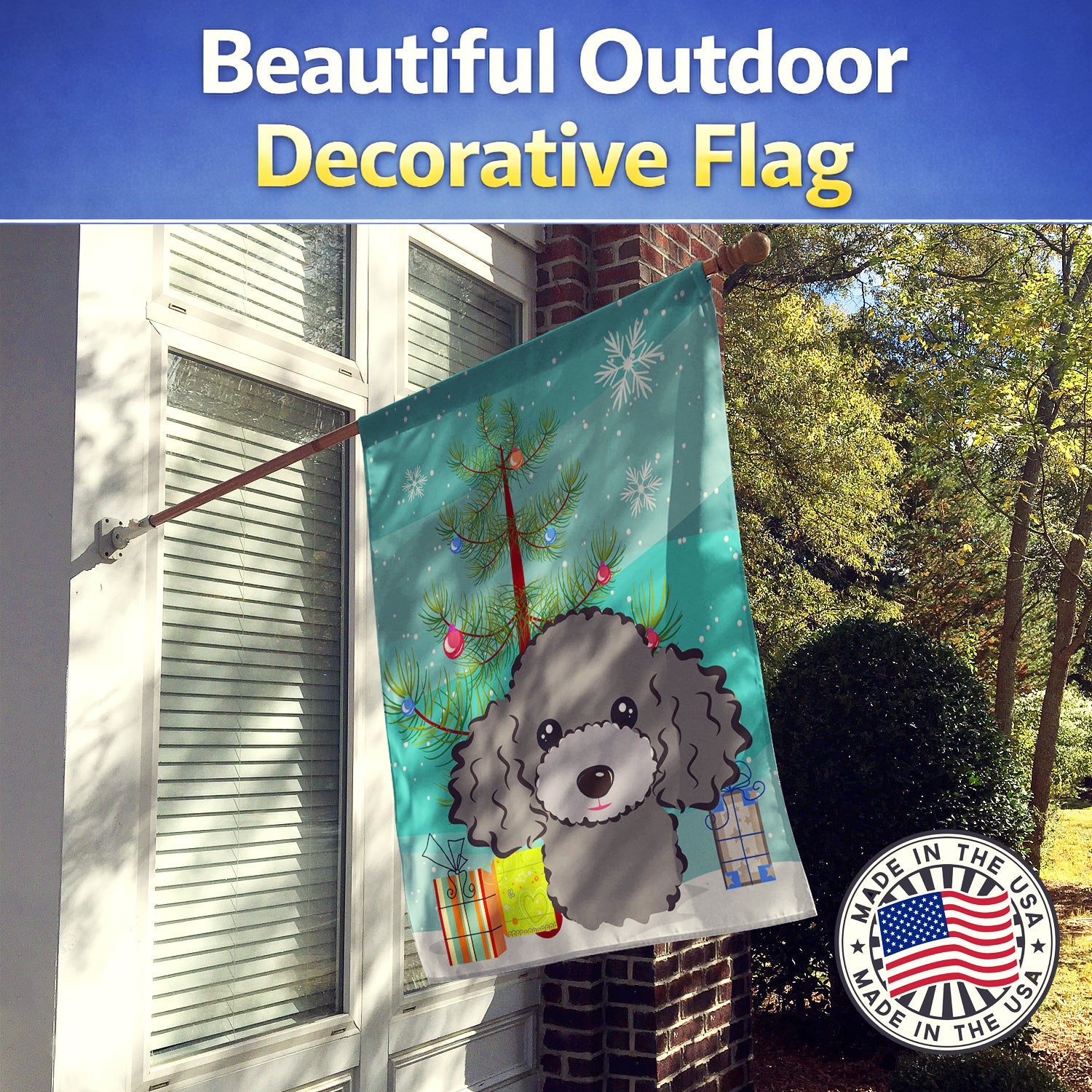 Christmas Tree and Silver Gray Poodle House Flag 28x40 Porch Sleeve Pole Decorative Outside Yard Banner Artwork Wall Hanging, Polyester