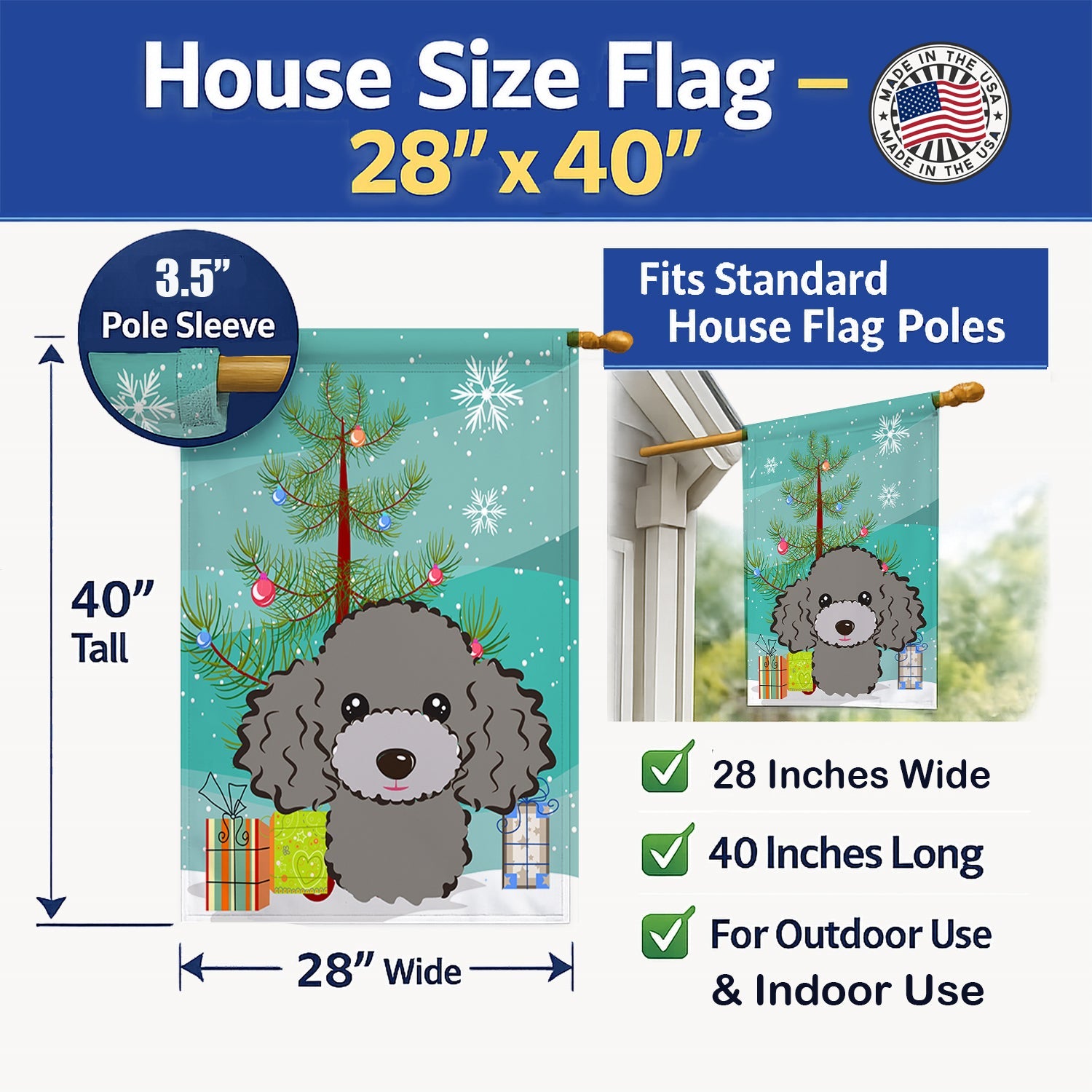 Christmas Tree and Silver Gray Poodle House Flag 28x40 Porch Sleeve Pole Decorative Outside Yard Banner Artwork Wall Hanging, Polyester
