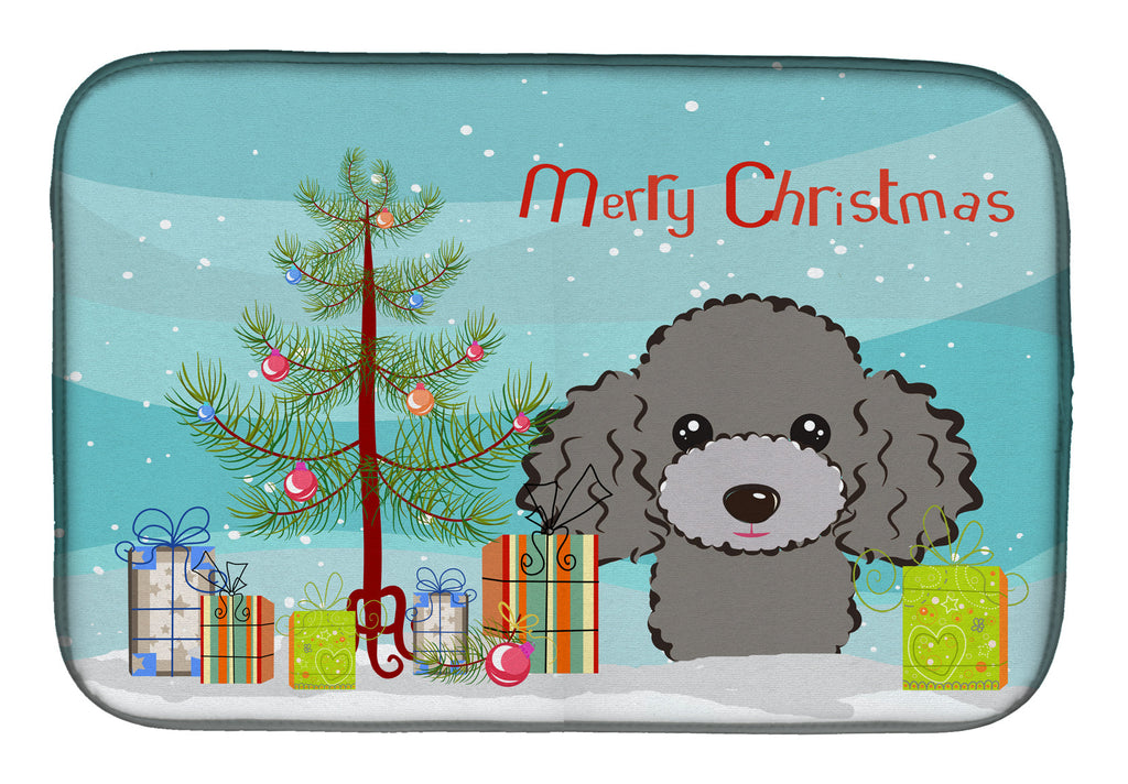 Christmas Tree and Silver Gray Poodle Dish Drying Mat Absorbent Dish Drying Mat Pad for Kitchen Counter Dish Drainer Mat for Countertop, 14 x 21", Multicolor