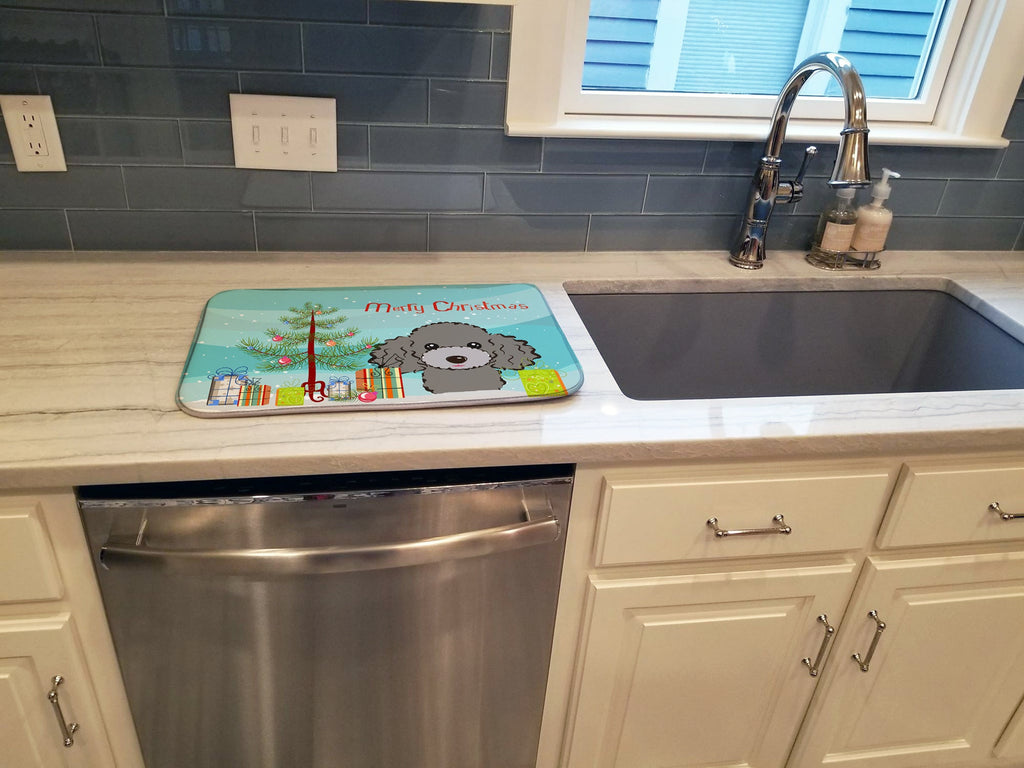 Christmas Tree and Silver Gray Poodle Dish Drying Mat Absorbent Dish Drying Mat Pad for Kitchen Counter Dish Drainer Mat for Countertop, 14 x 21", Multicolor
