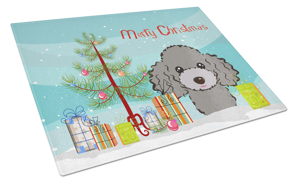 Christmas Tree and Silver Gray Poodle Cutting Board Tempered Glass Kitchen Cutting Surface, Heat Resistant Chopping, Non-Slip Feet, Food Prep & Serving