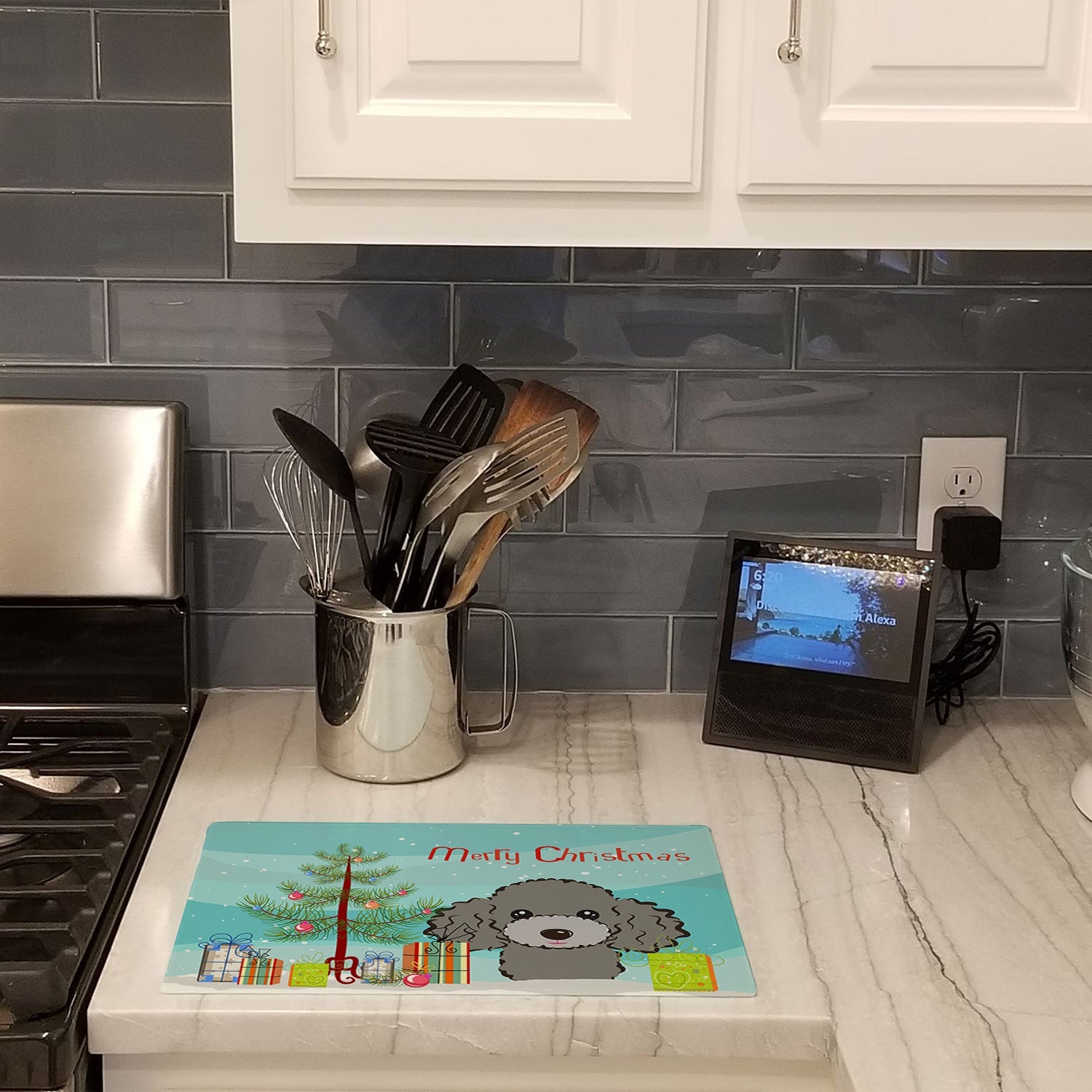 Christmas Tree and Silver Gray Poodle Cutting Board Tempered Glass Kitchen Cutting Surface, Heat Resistant Chopping, Non-Slip Feet, Food Prep & Serving