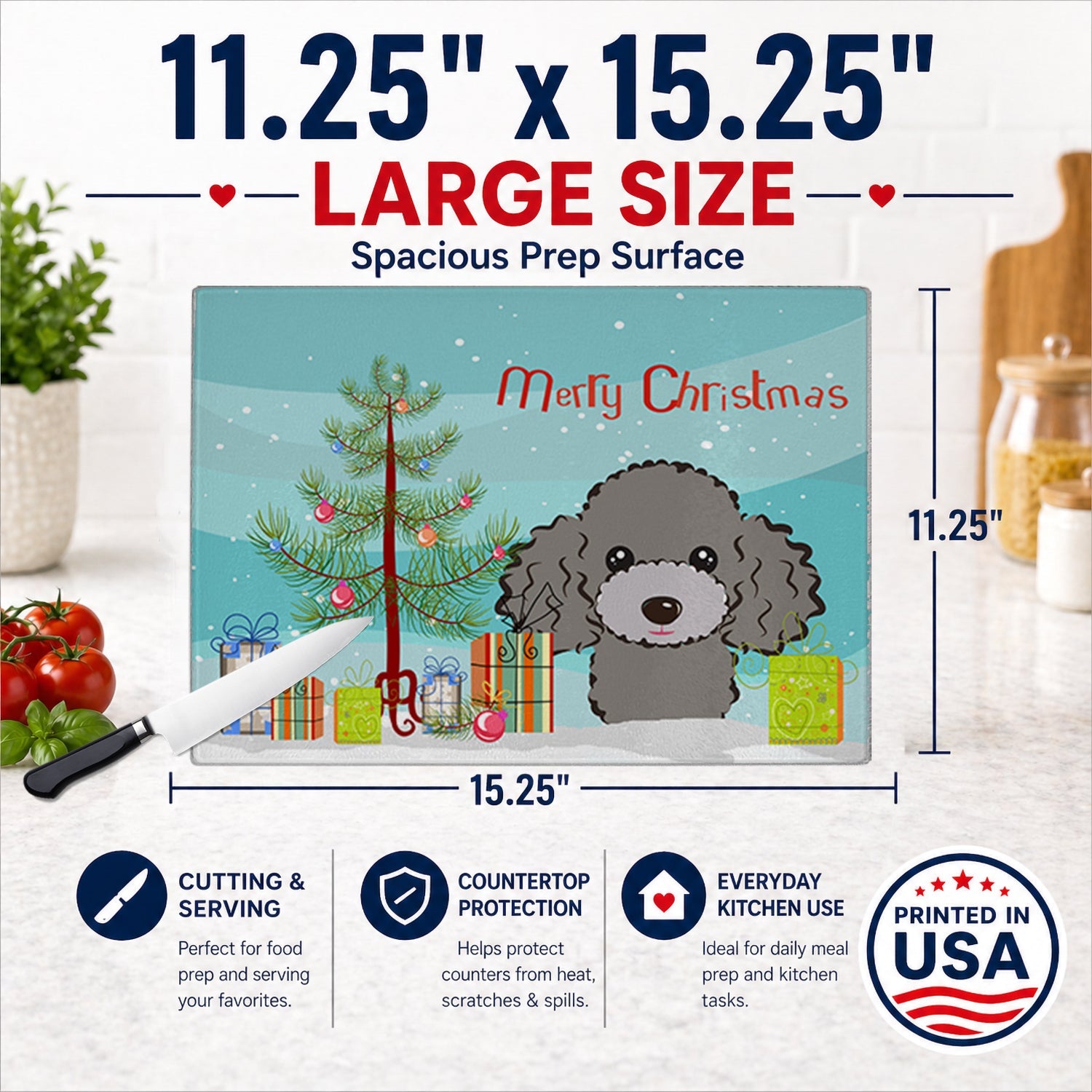 Christmas Tree and Silver Gray Poodle Cutting Board Tempered Glass Kitchen Cutting Surface, Heat Resistant Chopping, Non-Slip Feet, Food Prep & Serving