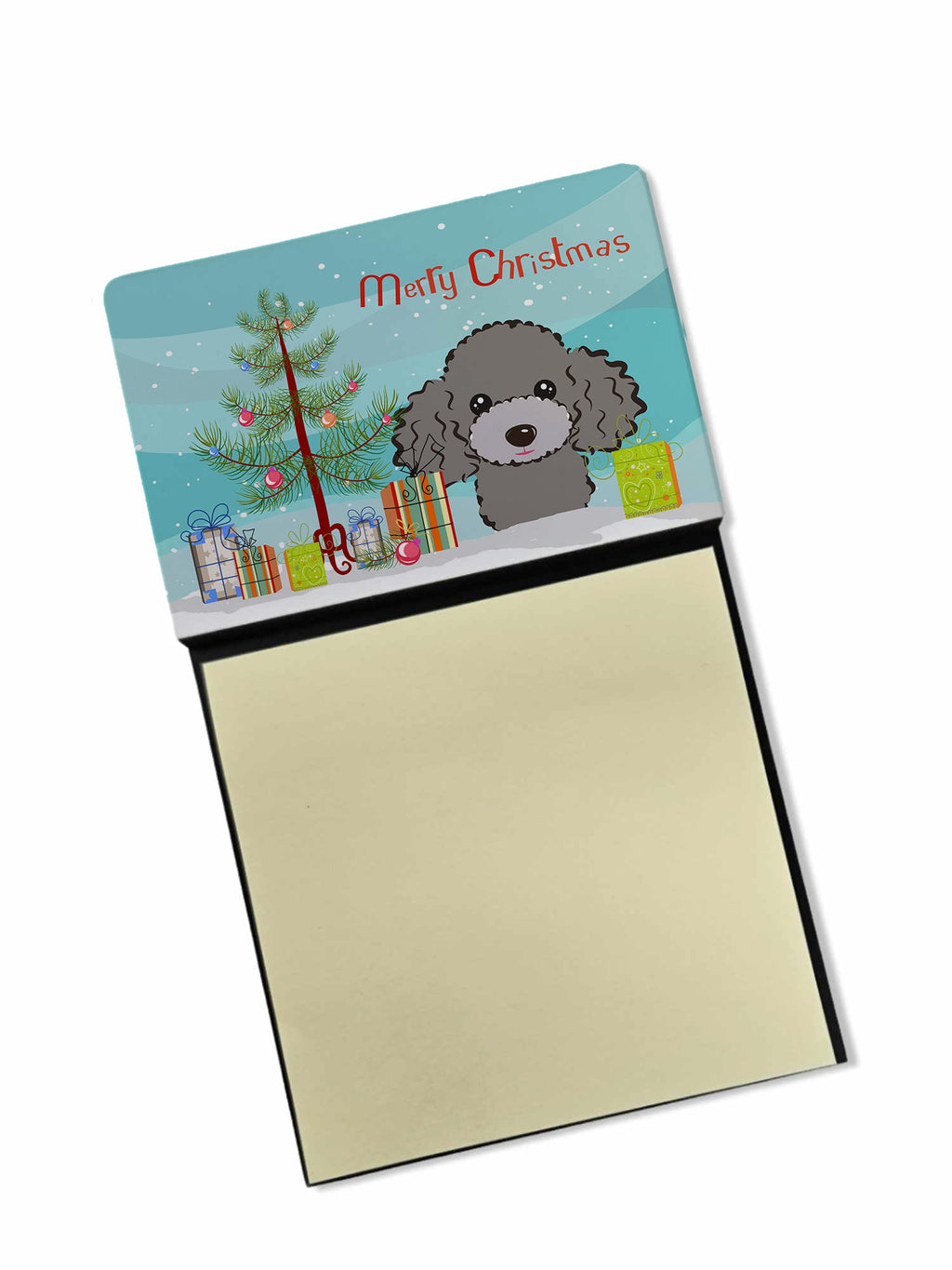 Christmas Tree and Silver Gray Poodle Watercolor Sticky Note Holder Refillable Dispenser Desk Accessory 3x3 Pad Gift