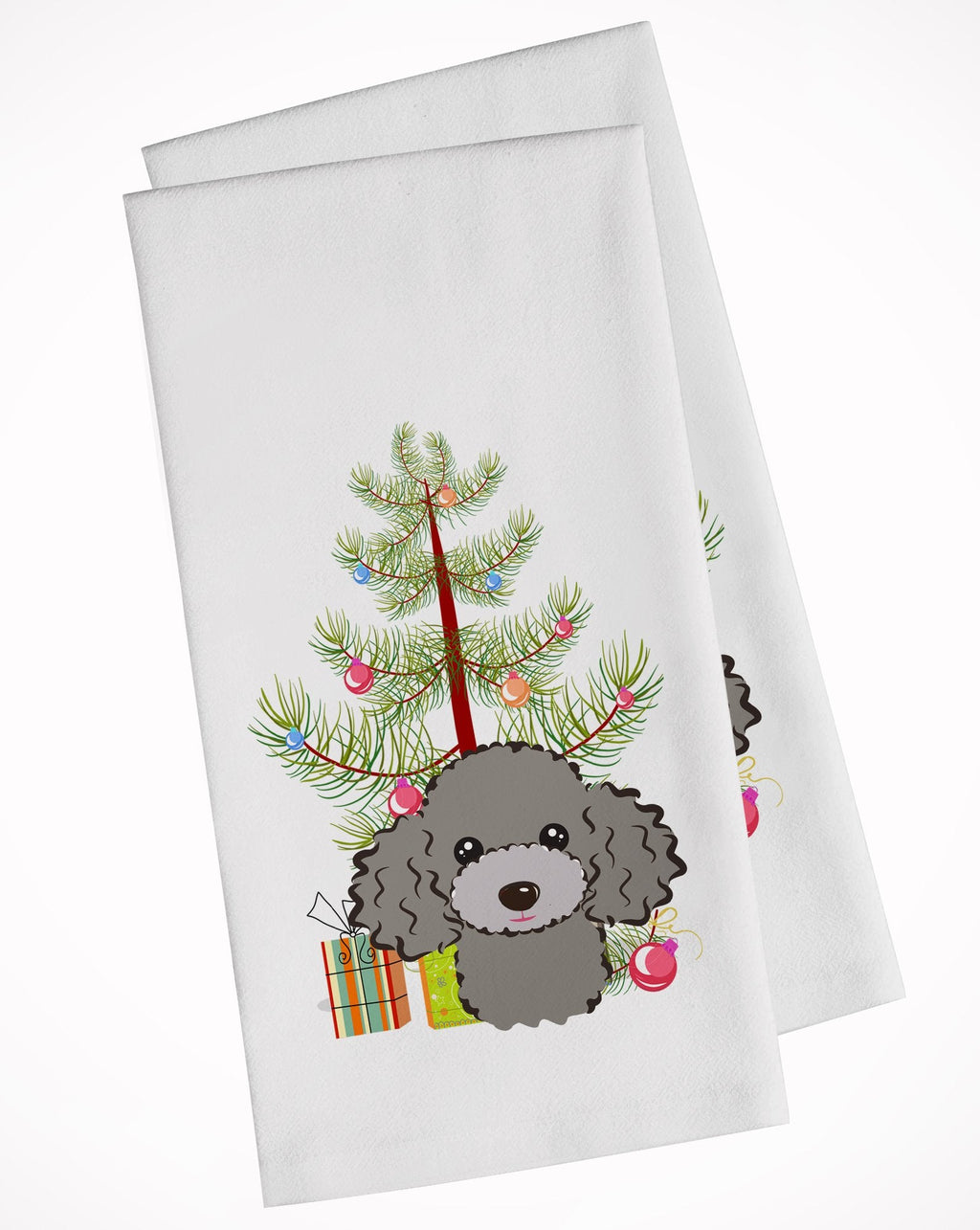Christmas Tree and Silver Gray Poodle Kitchen Towel Set of 2 White Dish Towels Decorative Bathroom Hand towel for Hand, Face, Hair, Yoga, Tea, Dishcloth, 19 X 28", White