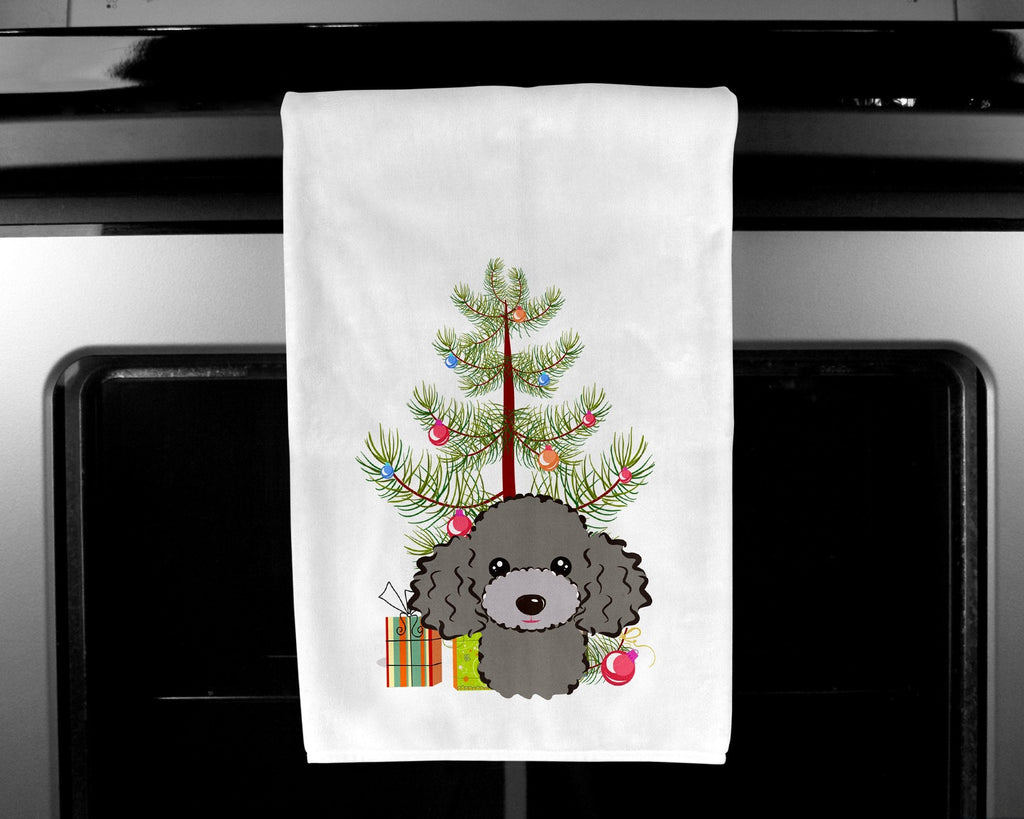 Christmas Tree and Silver Gray Poodle Kitchen Towel Set of 2 White Dish Towels Decorative Bathroom Hand towel for Hand, Face, Hair, Yoga, Tea, Dishcloth, 19 X 28", White