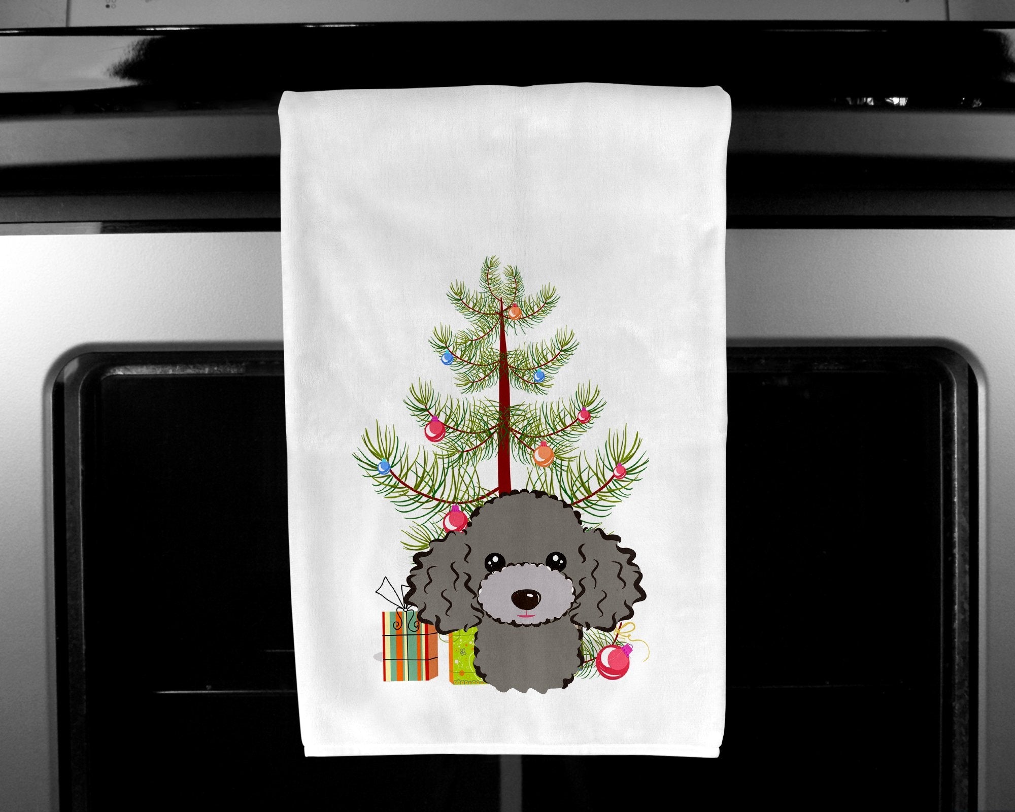 Christmas Tree and Silver Gray Poodle Kitchen Towel Set of 2 White Dish Towels Decorative Bathroom Hand towel for Hand, Face, Hair, Yoga, Tea, Dishcloth, 19 X 28", White