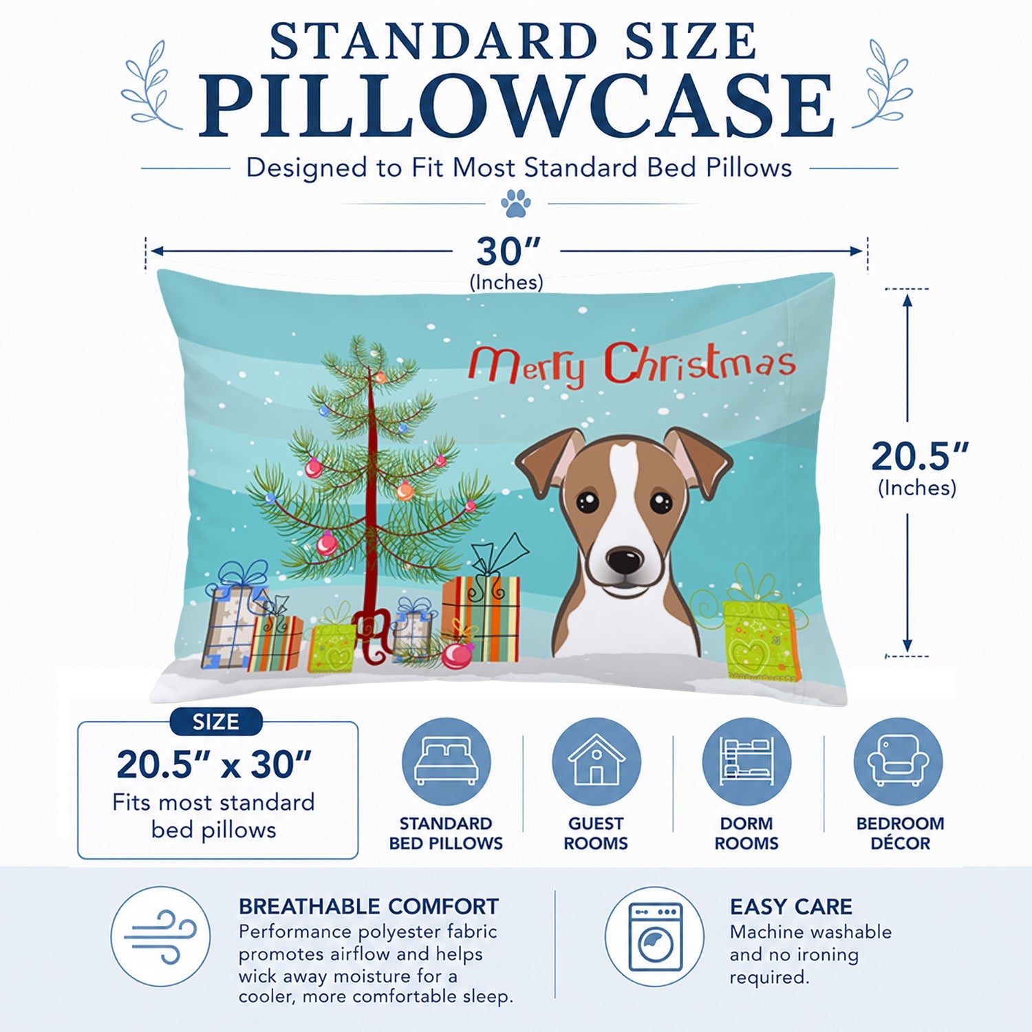 Christmas Tree and Jack Russell Terrier Standard Pillowcase Lightweight Super Soft Easy Care Decorative Artwork Pillowcase, Standard