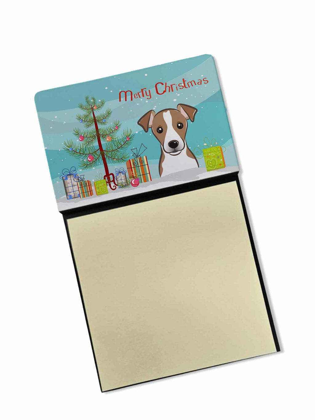 Christmas Tree and Jack Russell Terrier Watercolor Sticky Note Holder Refillable Dispenser Desk Accessory 3x3 Pad Gift